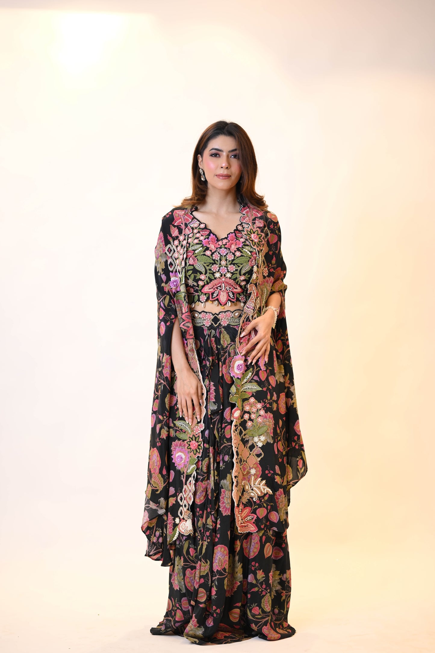 Black Floral Indo Western With Multi Colour Embroidery