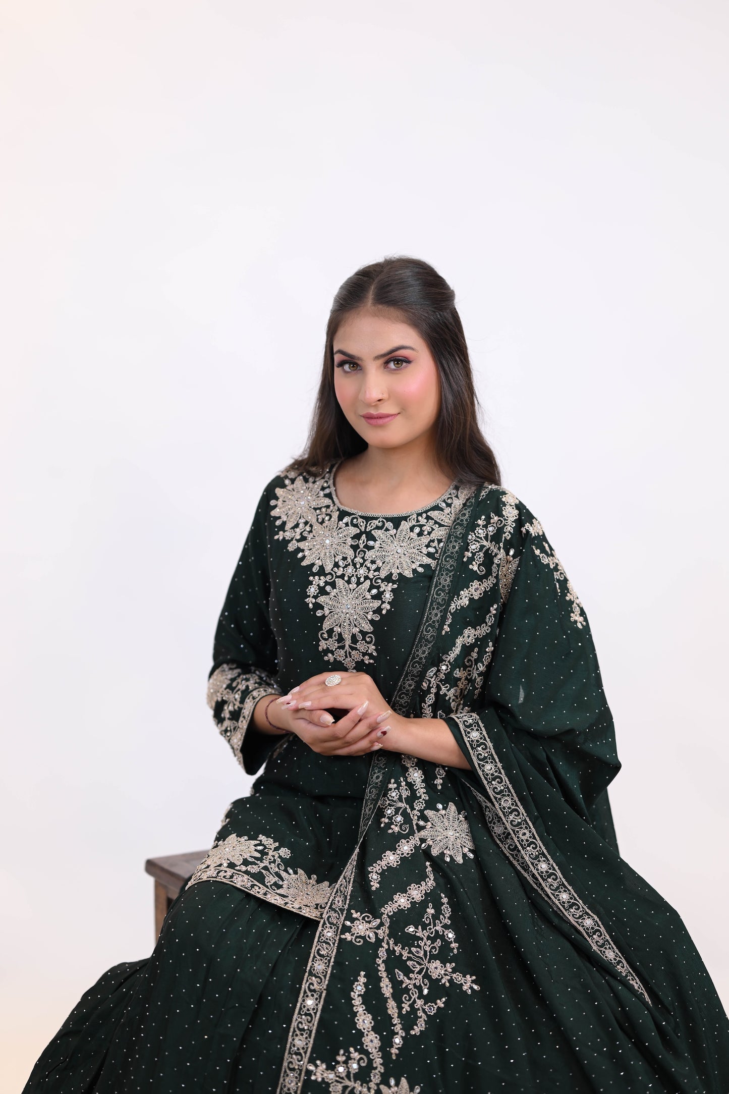 Emerald Grace – Dark Green Embroidered Lehenga
