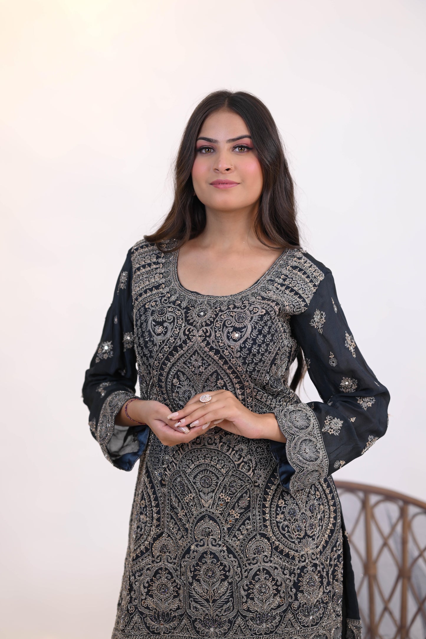 Midnight Grace – Charcoal Grey Embroidered Suit