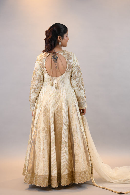Anarkali Suit: Elegant Ivory & Gold Embroidered Floor-Length Ensemble with Dupatta