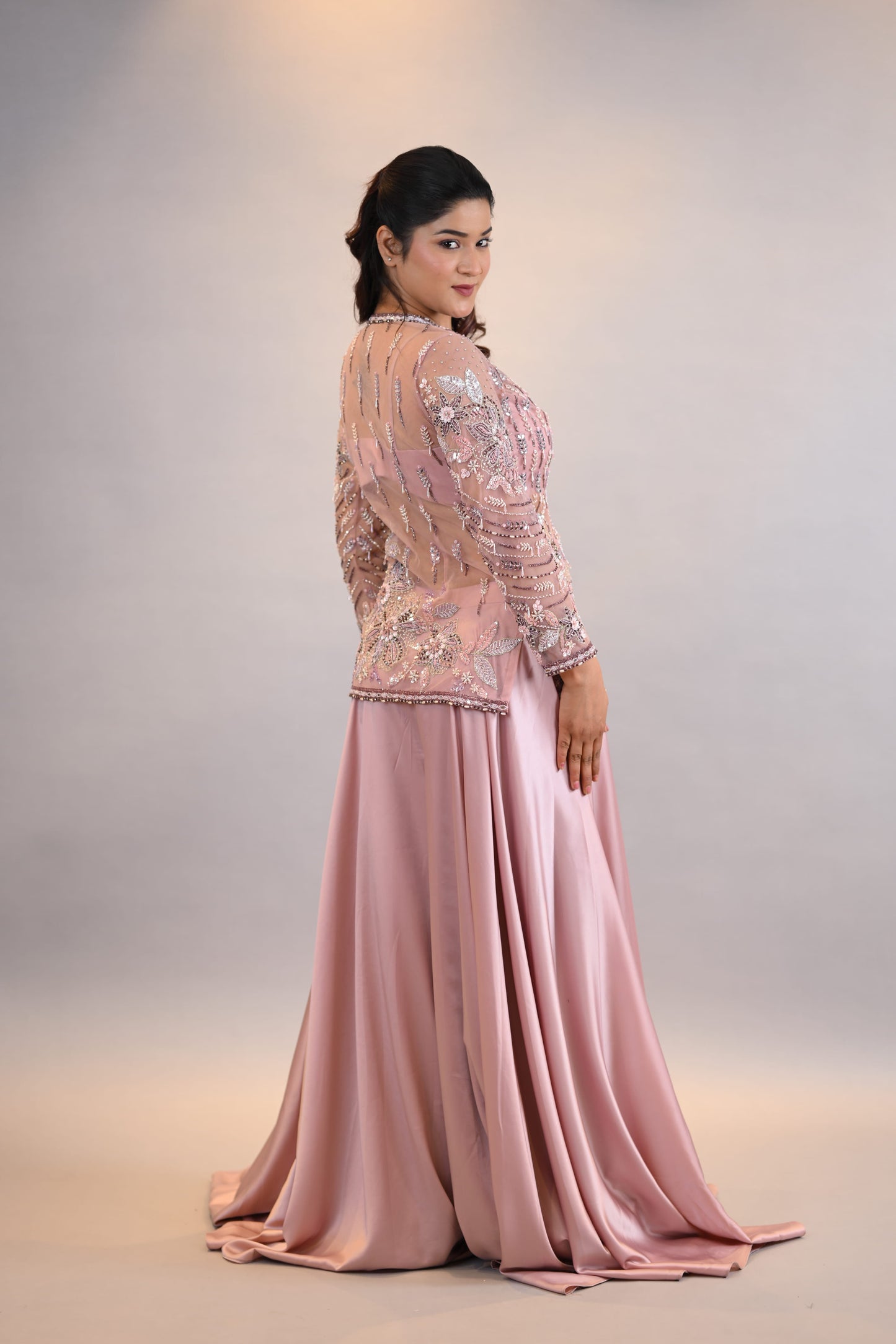 Co-ord Set: Blush Pink Embroidered Jacket with Satin Palazzo Pants