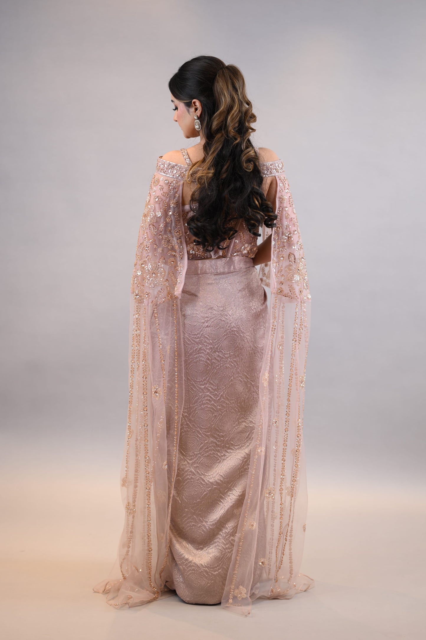 Designer Dress:- Blush Pink Structured Bodice Dress Flowing Cape