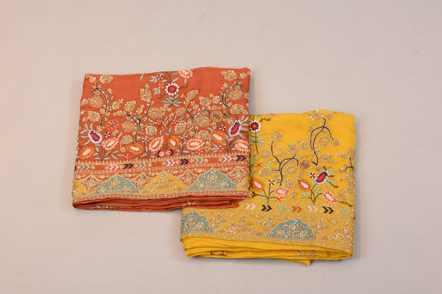 Unstitched Suit Dupatta– Festive Embroidered Suit Material Set (Rust & Mustard)
