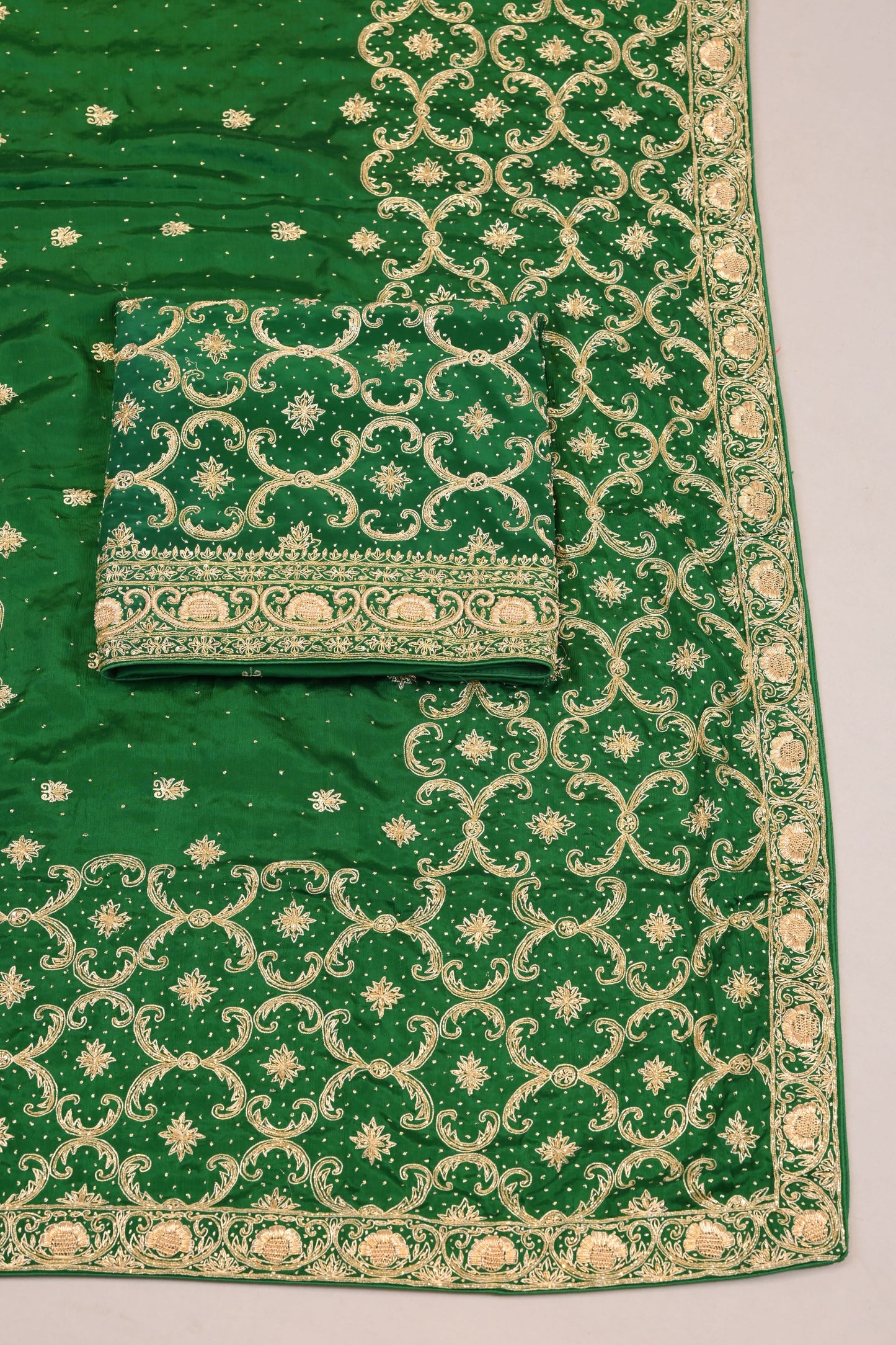 Unstitched Suit Dupatta Set – Green Zari Embroidered Designer Fabric
