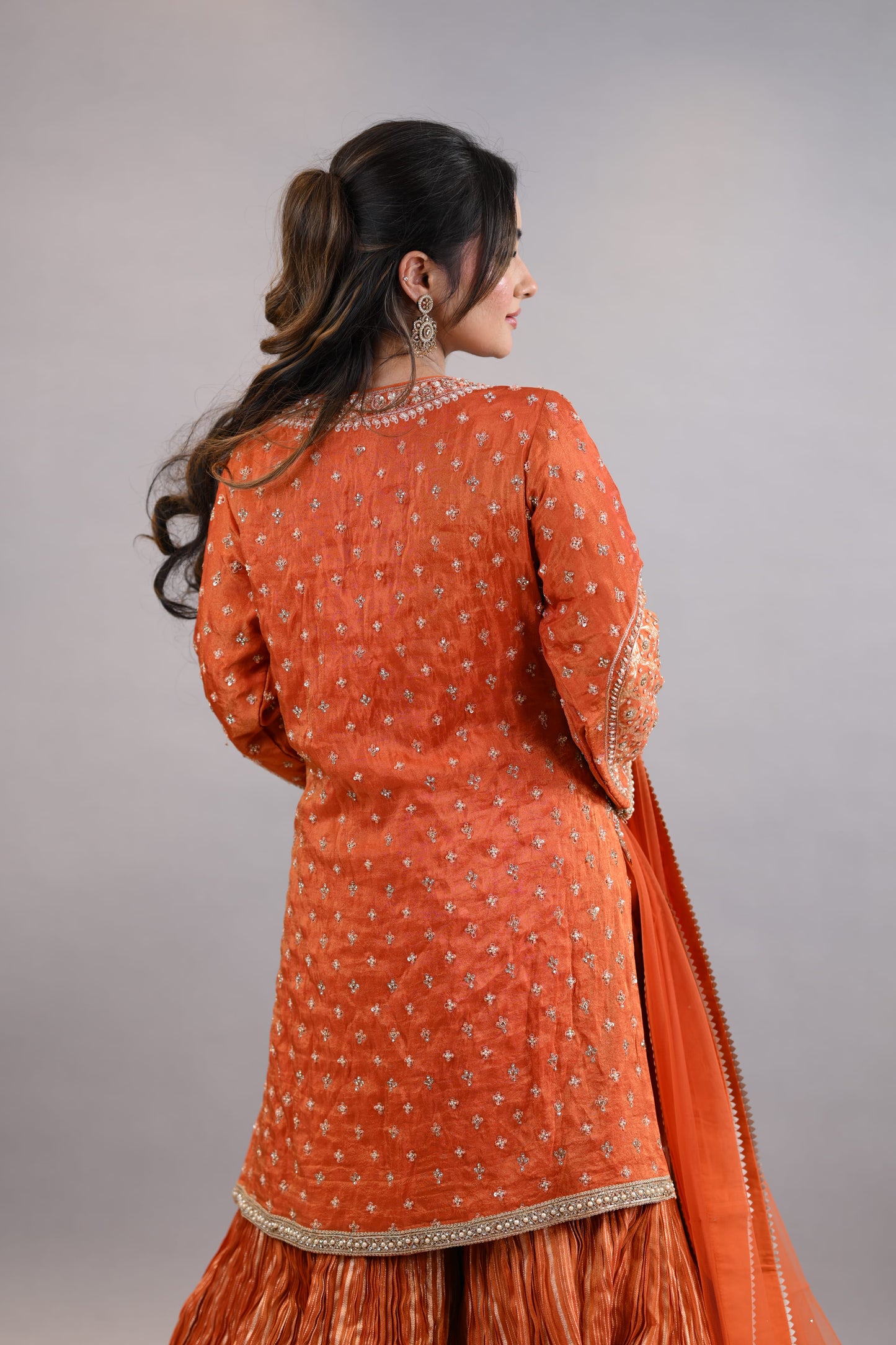Gharara Suit- Orange Embroidered Festive Shirt with Dupatta