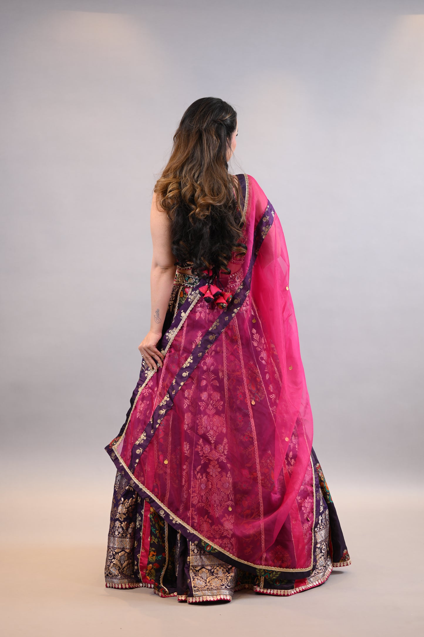 Purple & Pink Floral Embellished Festive Lehenga Choli with Contrast Dupatta