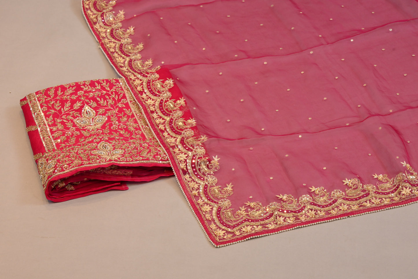 Rani Pink Suit Embroidered Organza Dupatta with Zari Border