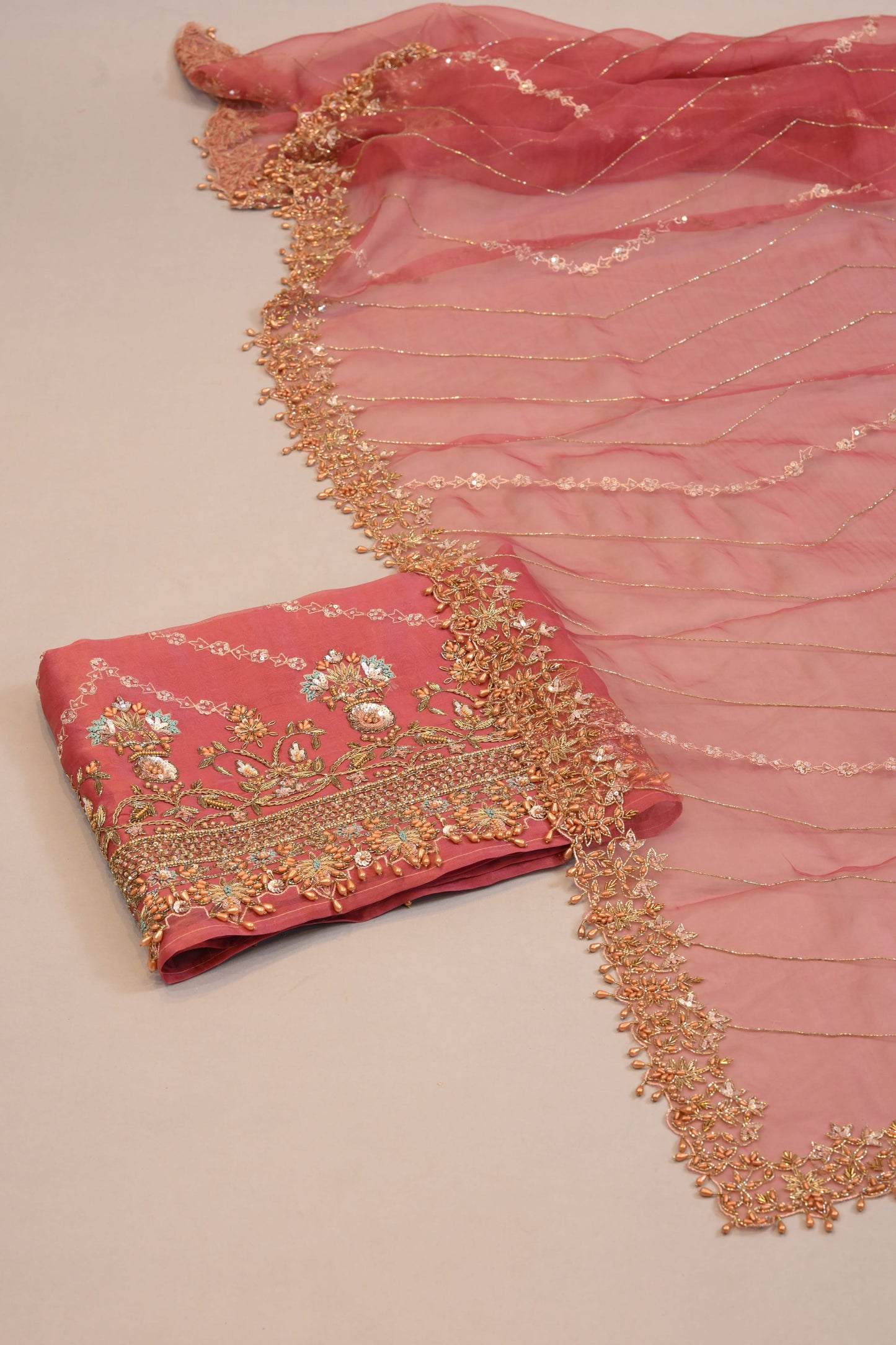 Designer Suit Peach Organza Dupatta with Heavy Floral Zari Work