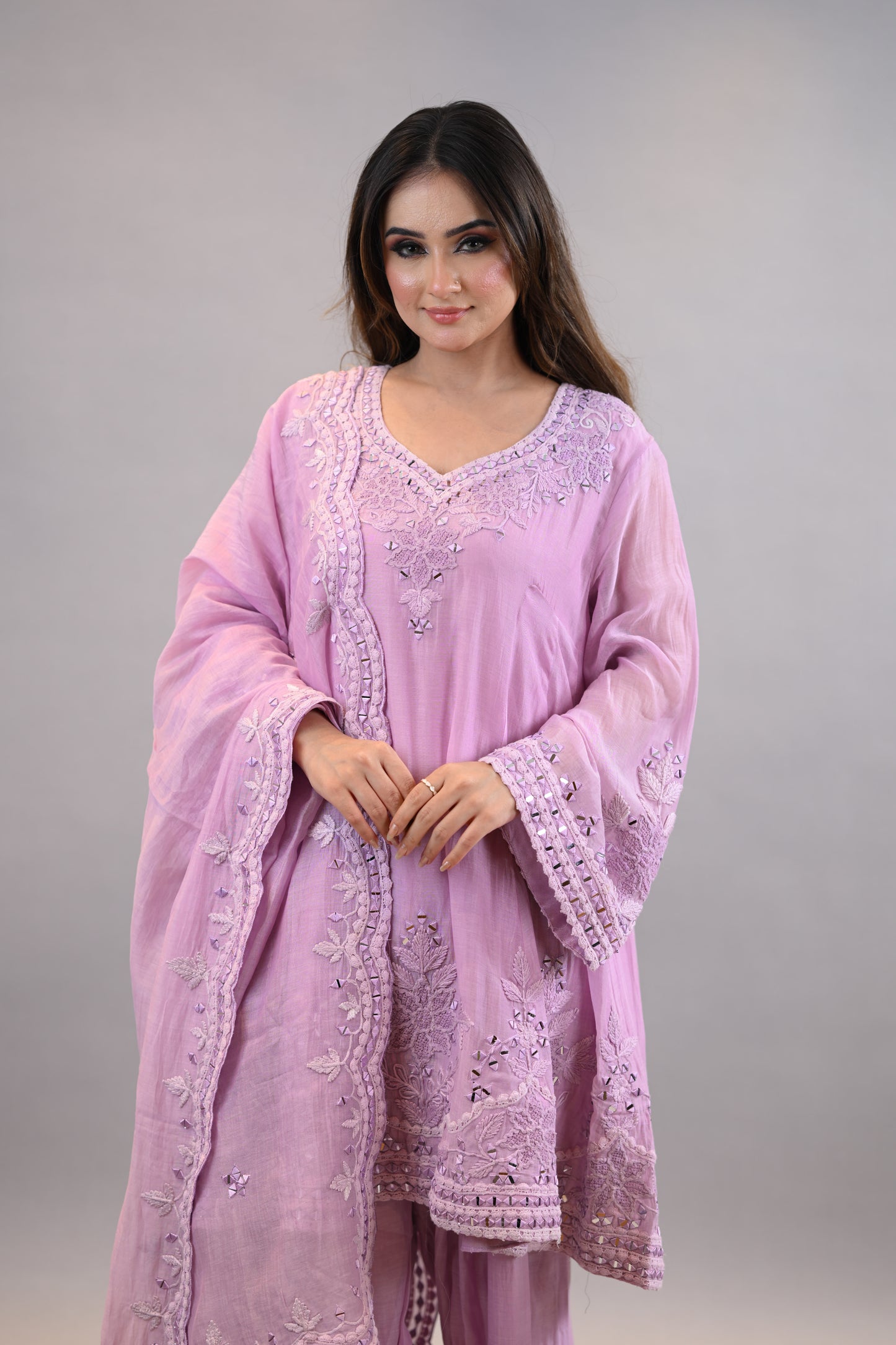Anarkali Readymade Suit soft lilac threadwork graceful shirt dupatta with bottom