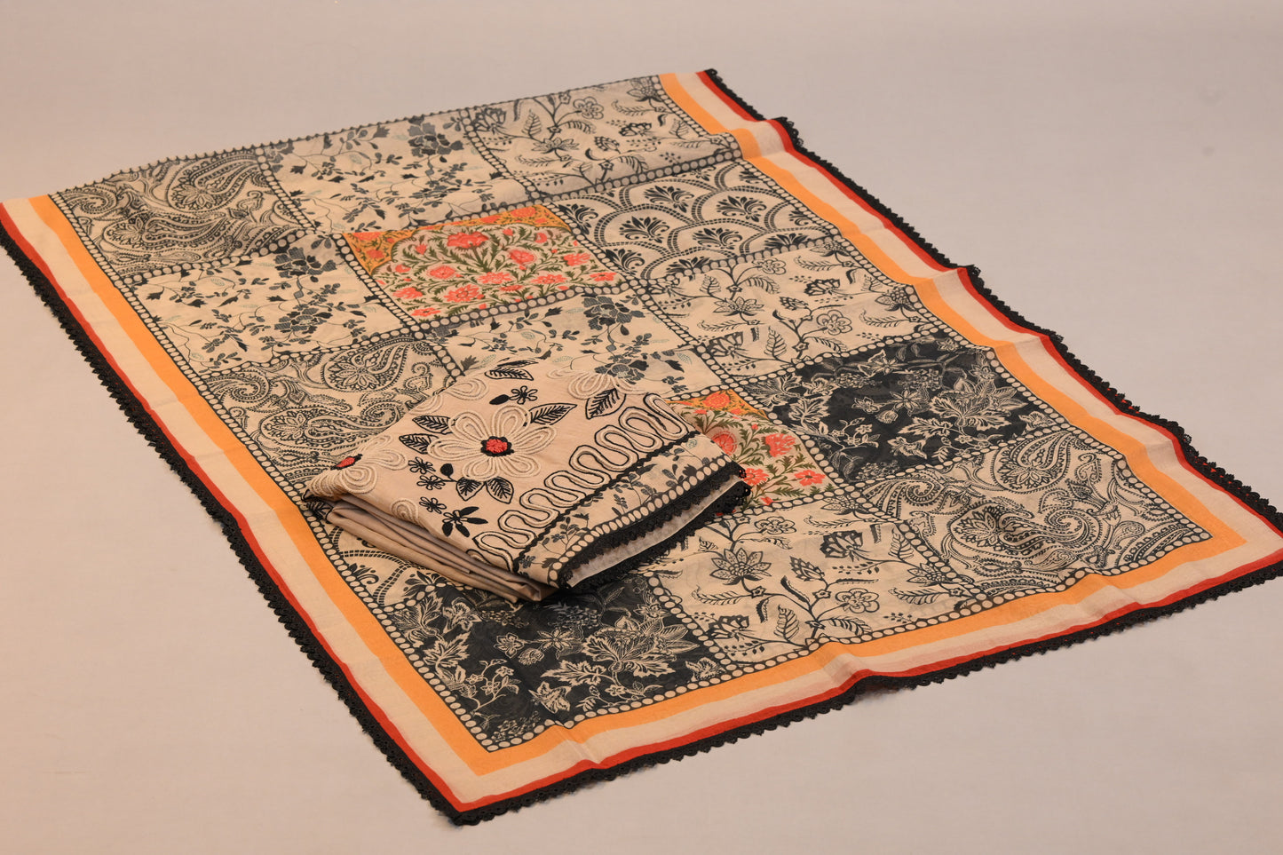 Designer Beige Embroidered Suit with Patchwork Printed Dupatta