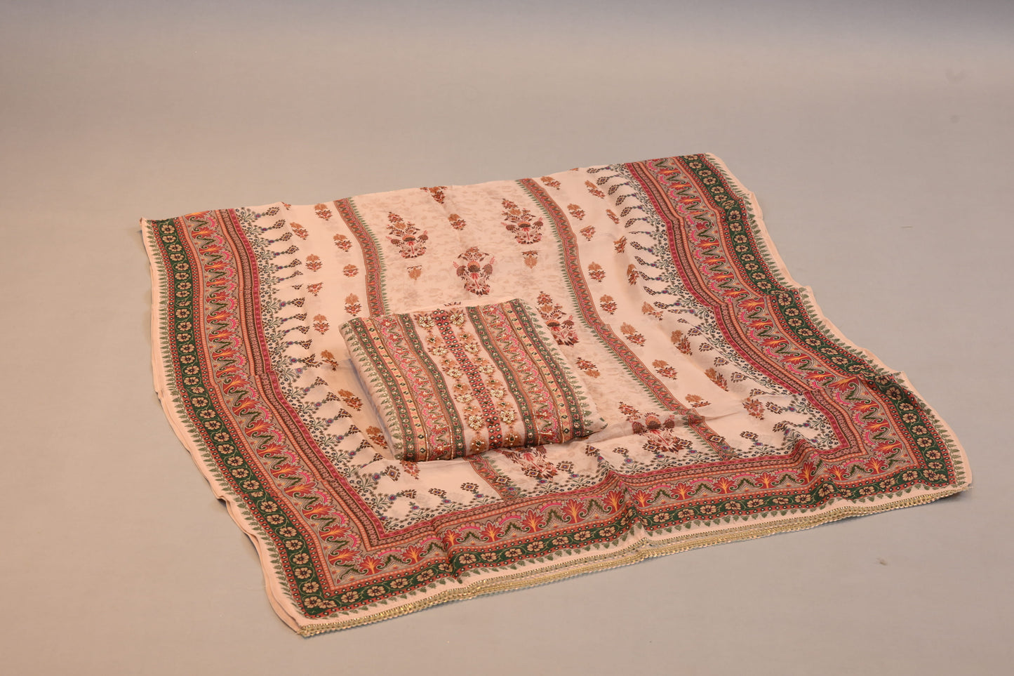Soft Peach Traditional Printed Suit with Designer Borders dupatta