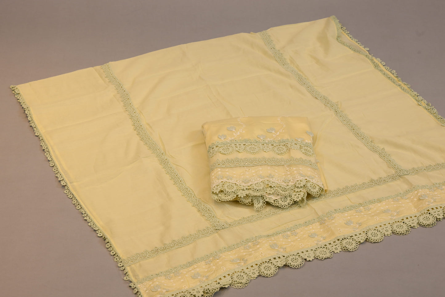 Soft Yellow Cotton Suit with Intricate Lace & Floral Embroidery