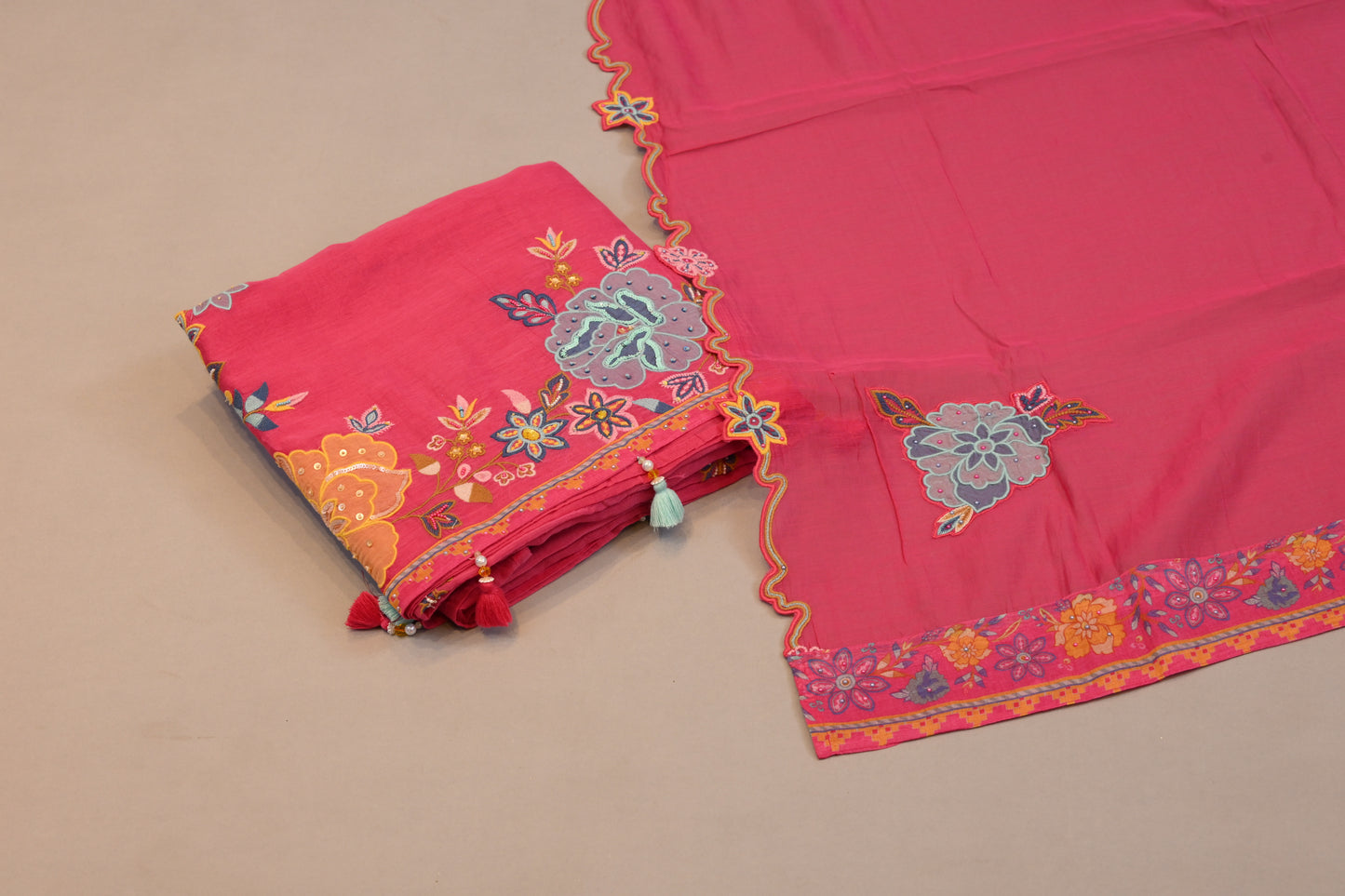 Rani Pink Floral Embroidered Dupatta with Tassel Detailing