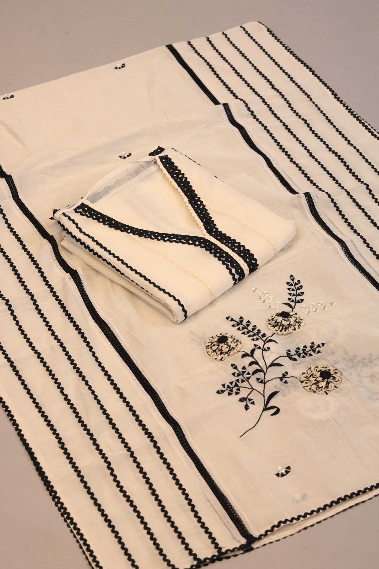 Off White Suit with Black Embroidered Motifs & Border Designer Dupatta