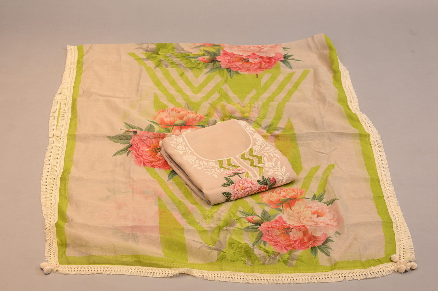 Floral Peach Suit with Embroidered Neckline & Printed Dupatta