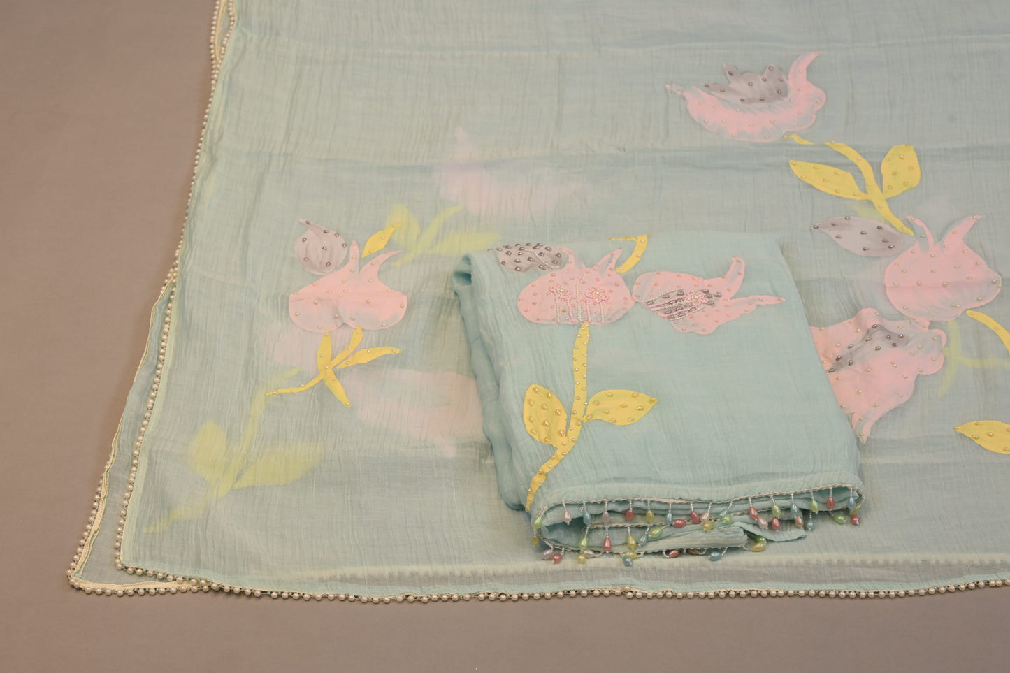 Aqua Blue Suit with 3D Floral Appliqué & Beaded Dupatta