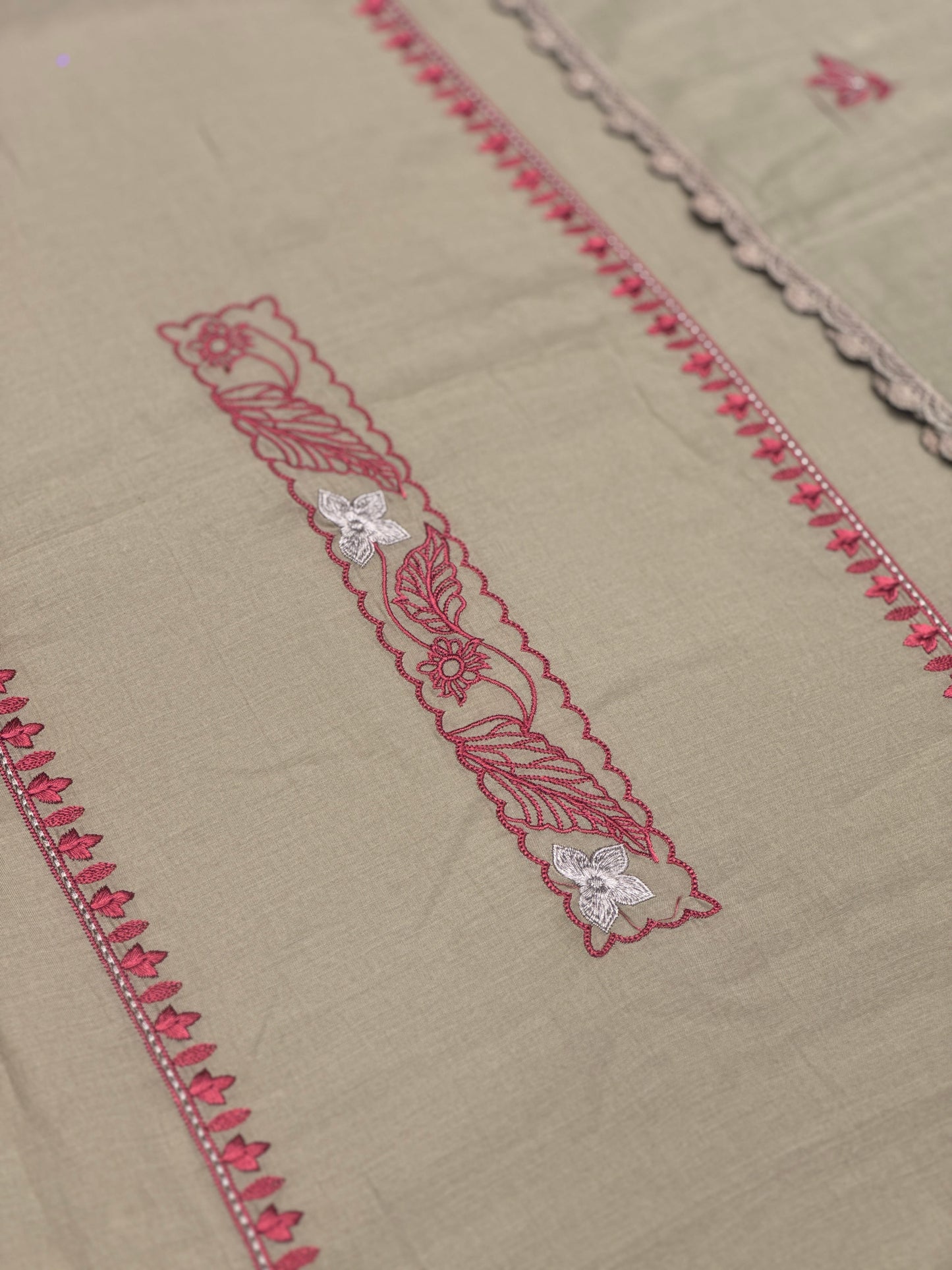 Elegant Threadwork Suit with Embroidery & Lace Border Dupatta