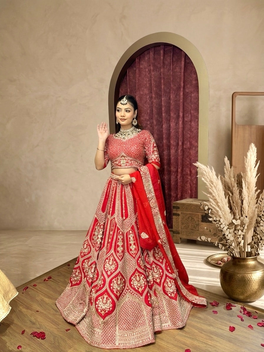 Bridal Lehenga Set – Regal Red Heavy Embroidered Wedding Ensemble