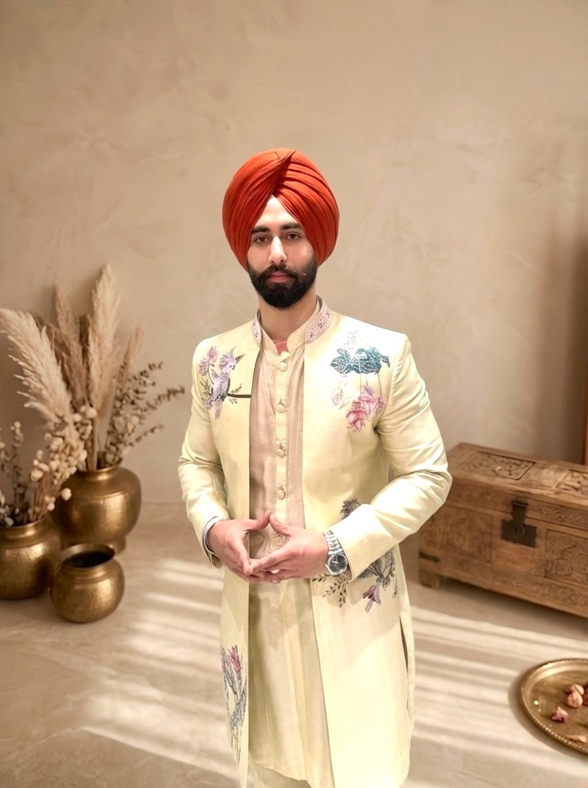 Men’s Ivory Embroidered Sherwani Set with Floral Detailing