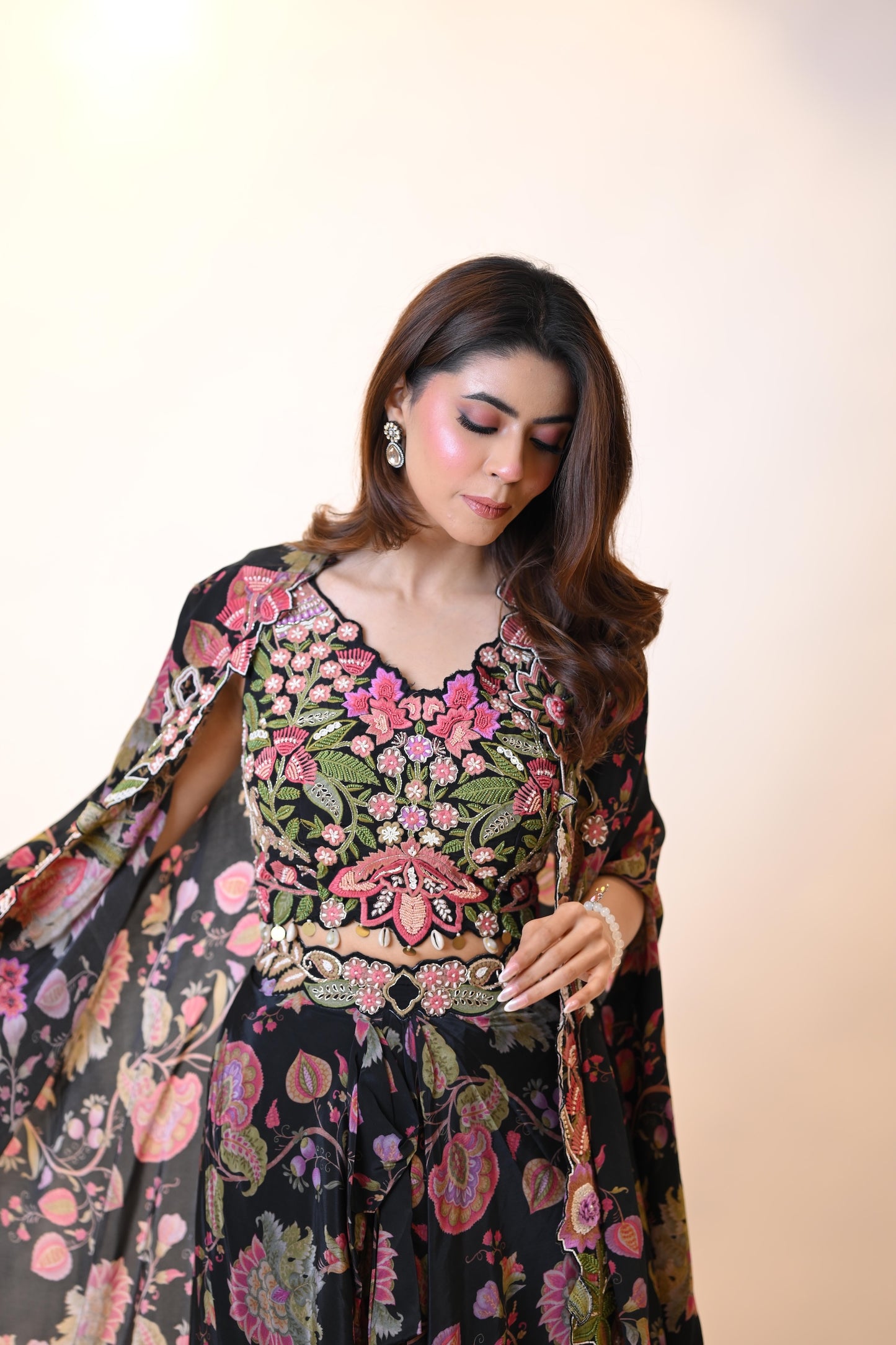 Black Floral Indo Western With Multi Colour Embroidery