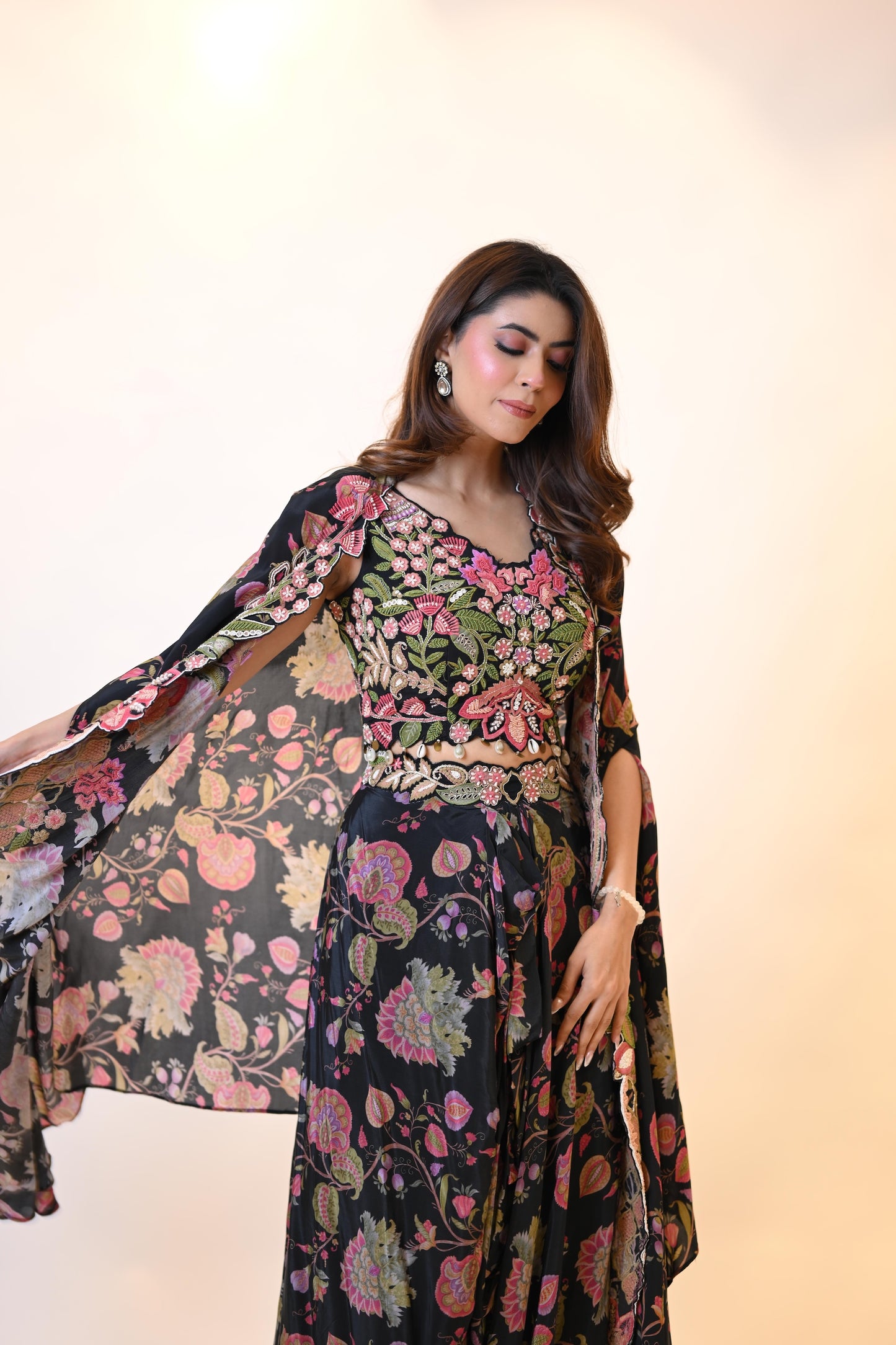 Black Floral Indo Western With Multi Colour Embroidery