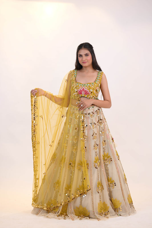 Mustard Blossom – Embroidered Net Lehenga
