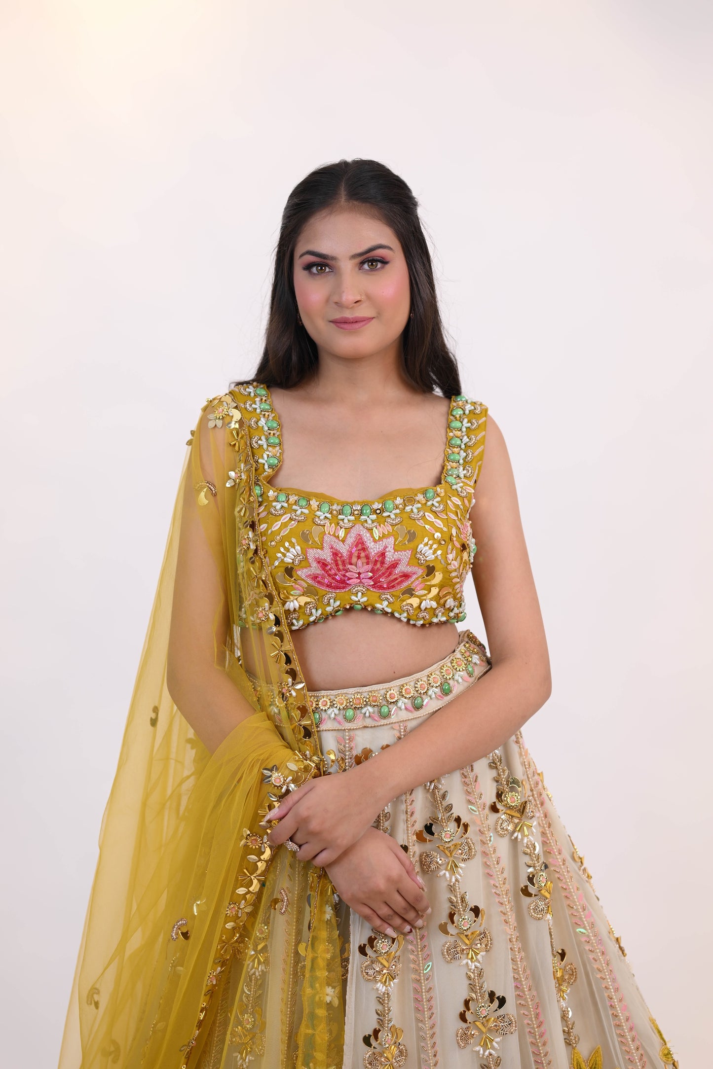 Mustard Blossom – Embroidered Net Lehenga