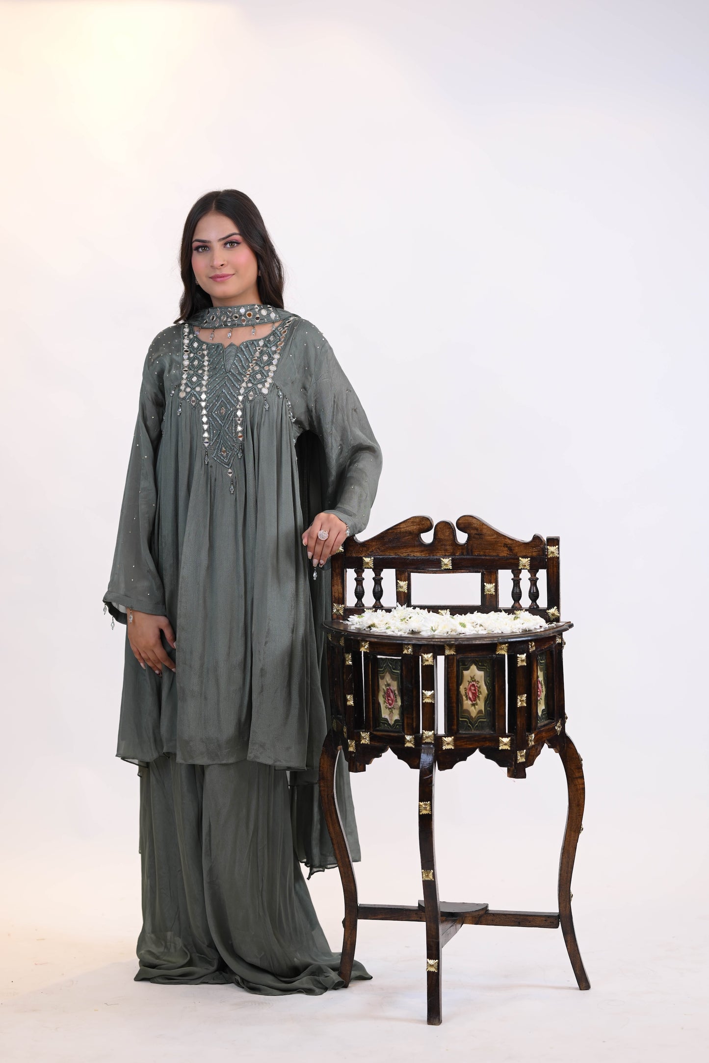 Embroidered Dusty Green Kurta Set with Dupatta