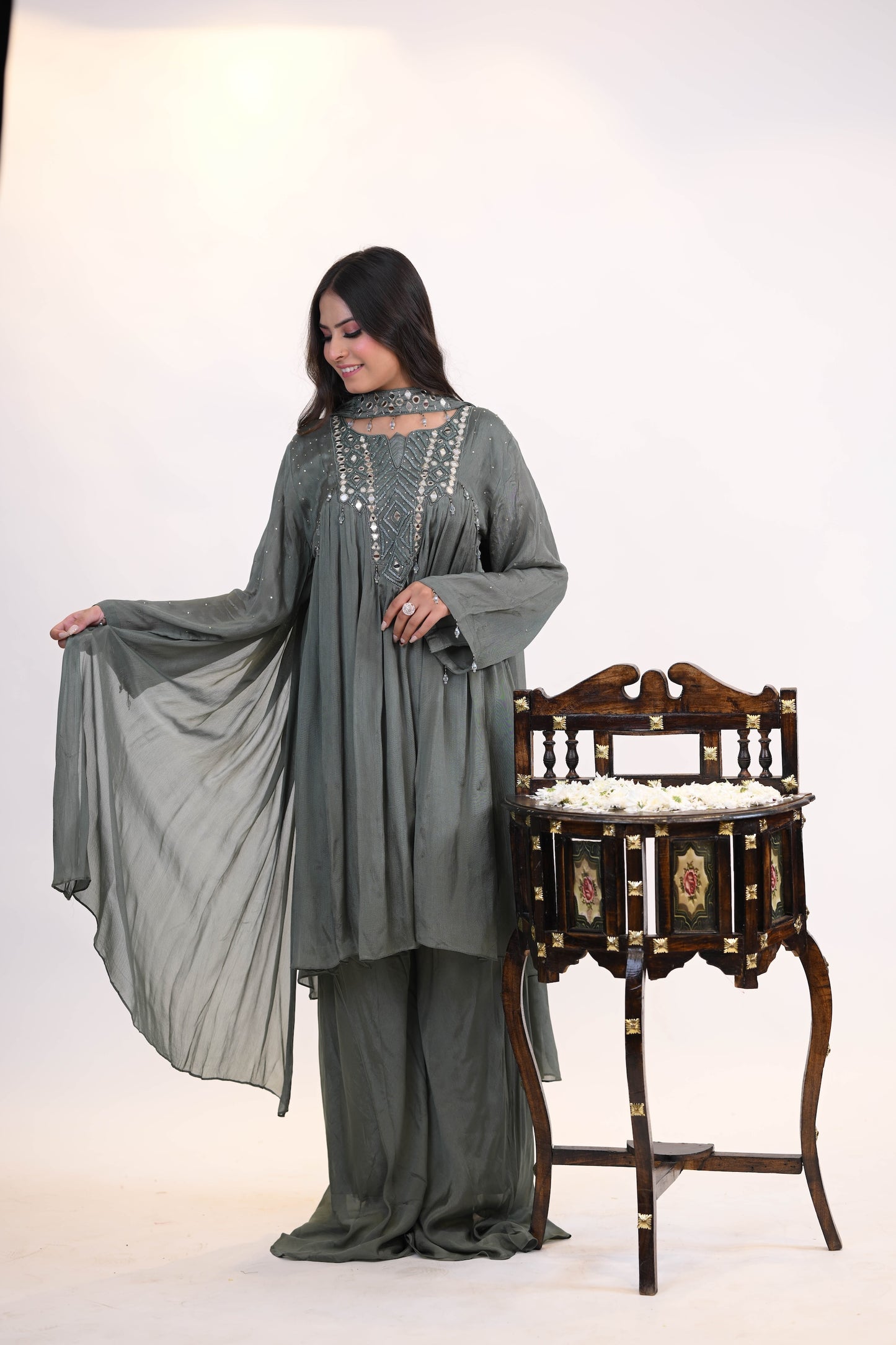 Embroidered Dusty Green Kurta Set with Dupatta