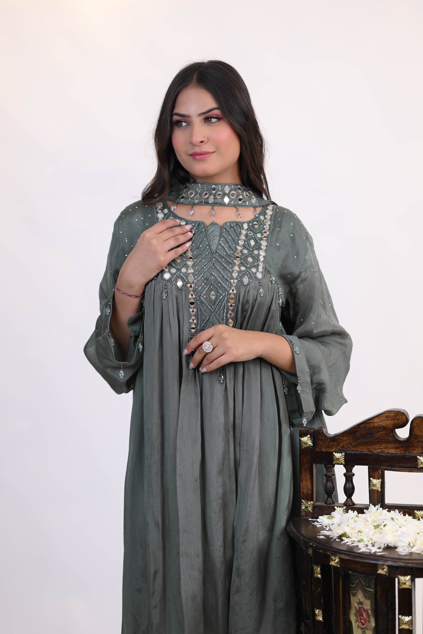 Embroidered Dusty Green Kurta Set with Dupatta