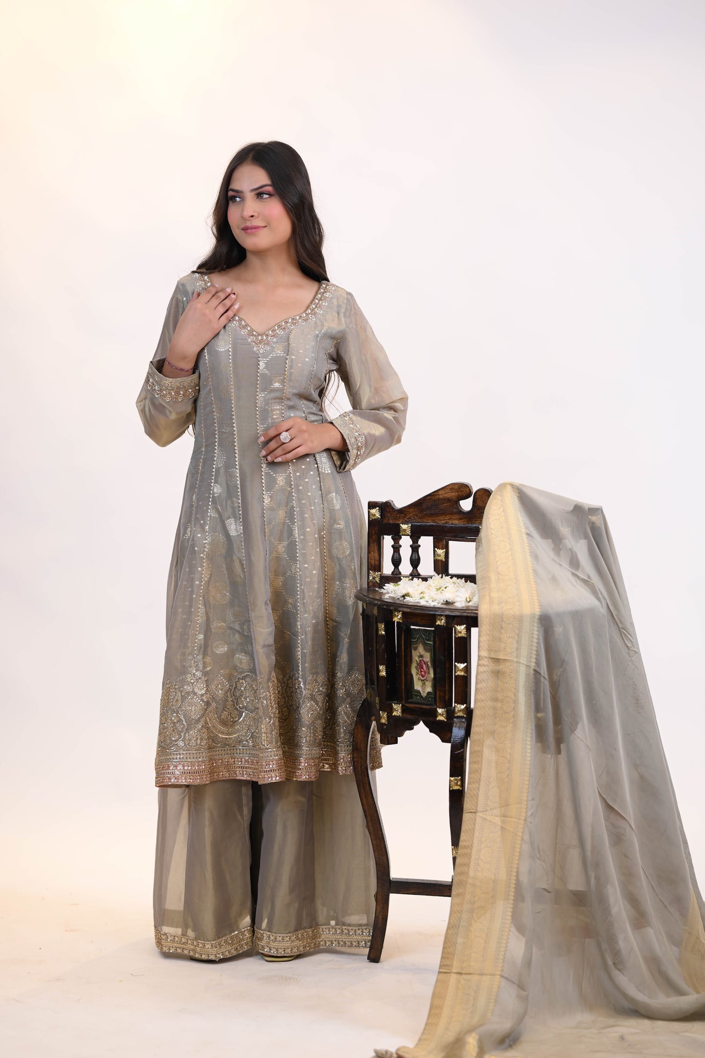 Grey Embroidered Anarkali Suit Set