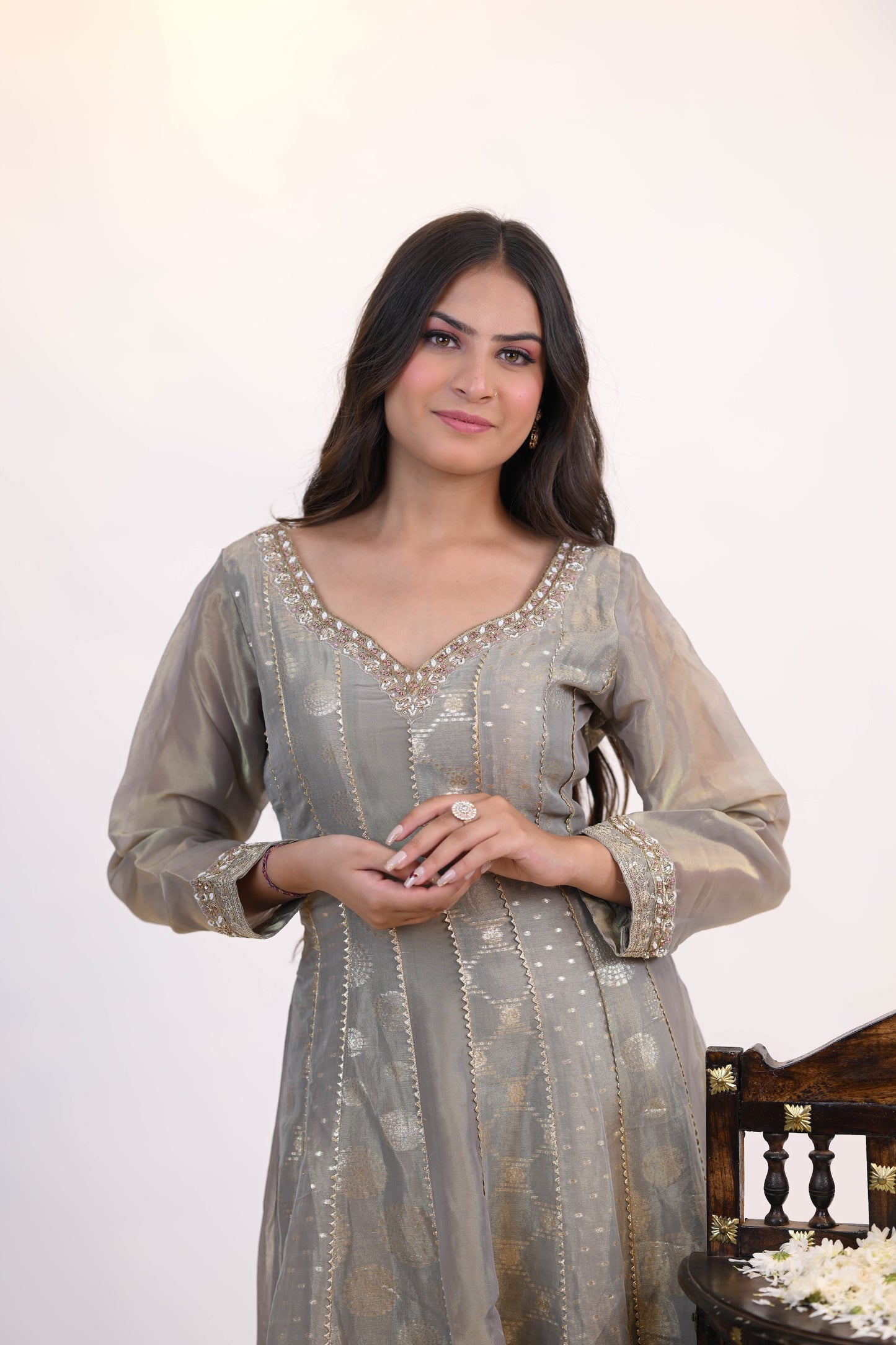 Grey Embroidered Anarkali Suit Set