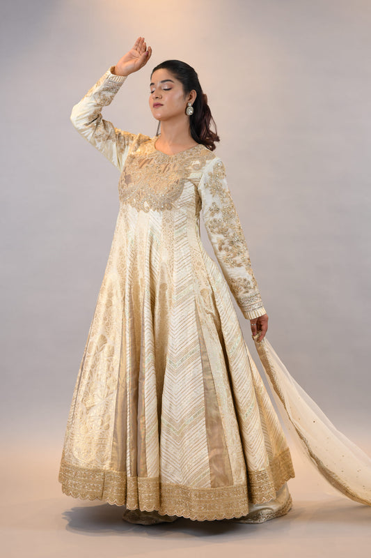 Anarkali Suit: Elegant Ivory & Gold Embroidered Floor-Length Ensemble with Dupatta