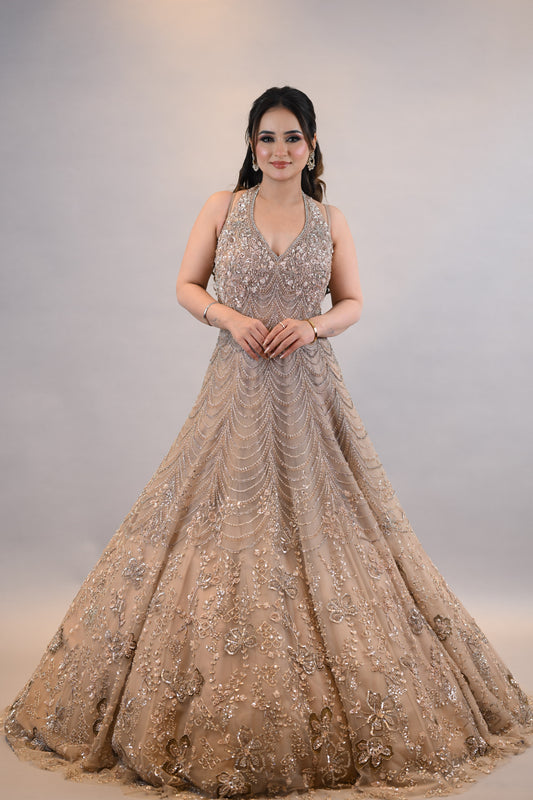 Designer Gown: Champagne Gold Embellished Designer Floor-Length Dress