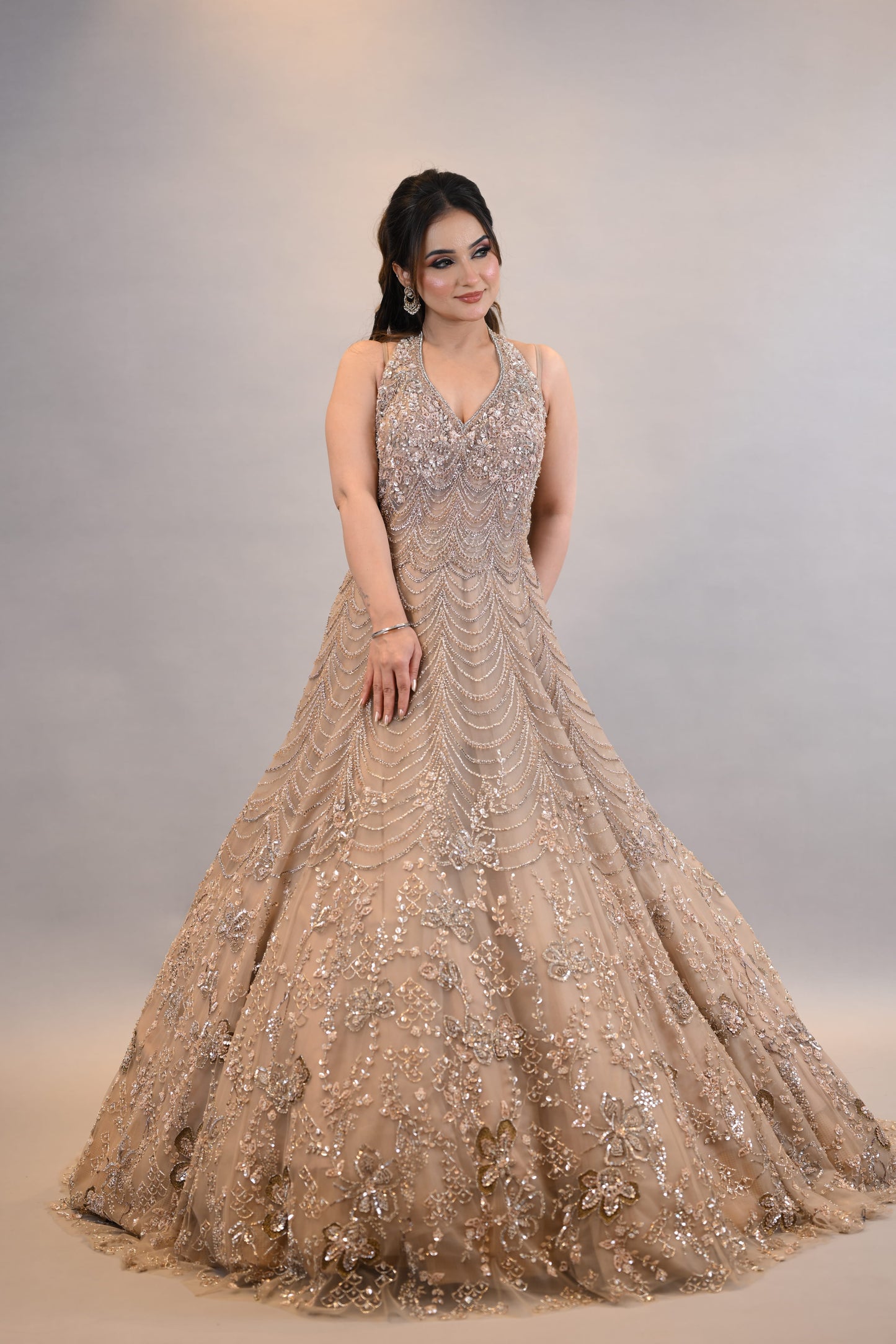Designer Gown: Champagne Gold Embellished Designer Floor-Length Dress