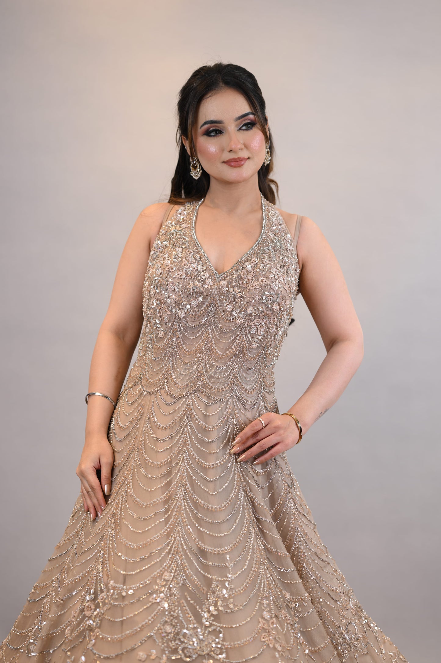 Designer Gown: Champagne Gold Embellished Designer Floor-Length Dress