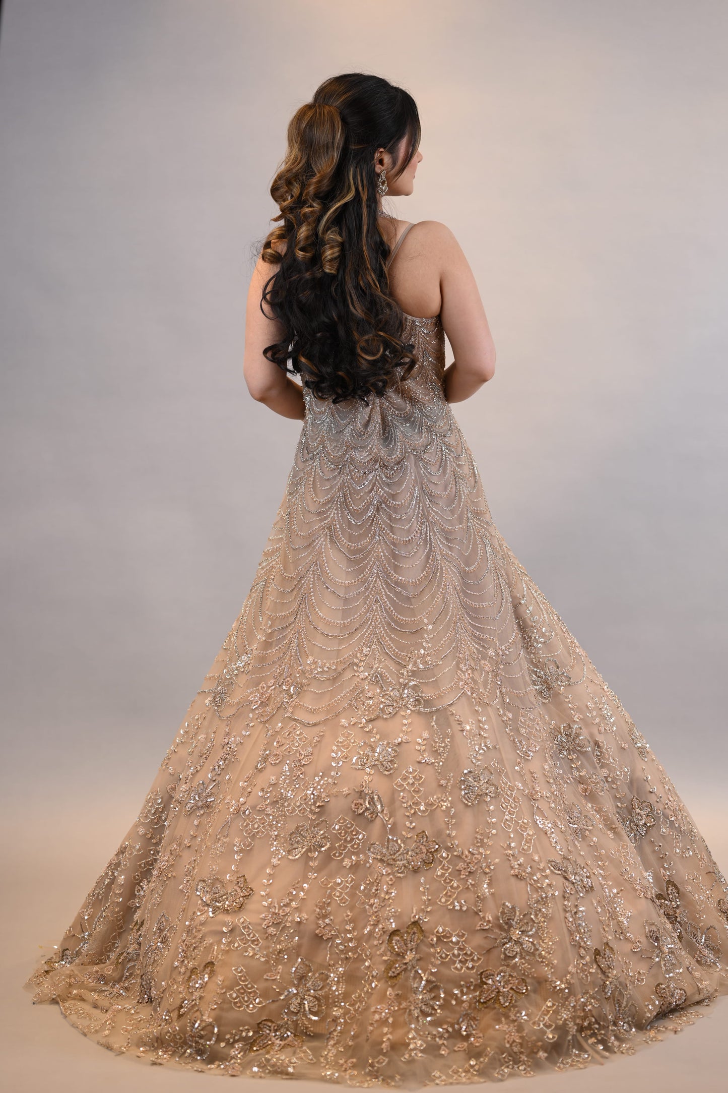Designer Gown: Champagne Gold Embellished Designer Floor-Length Dress