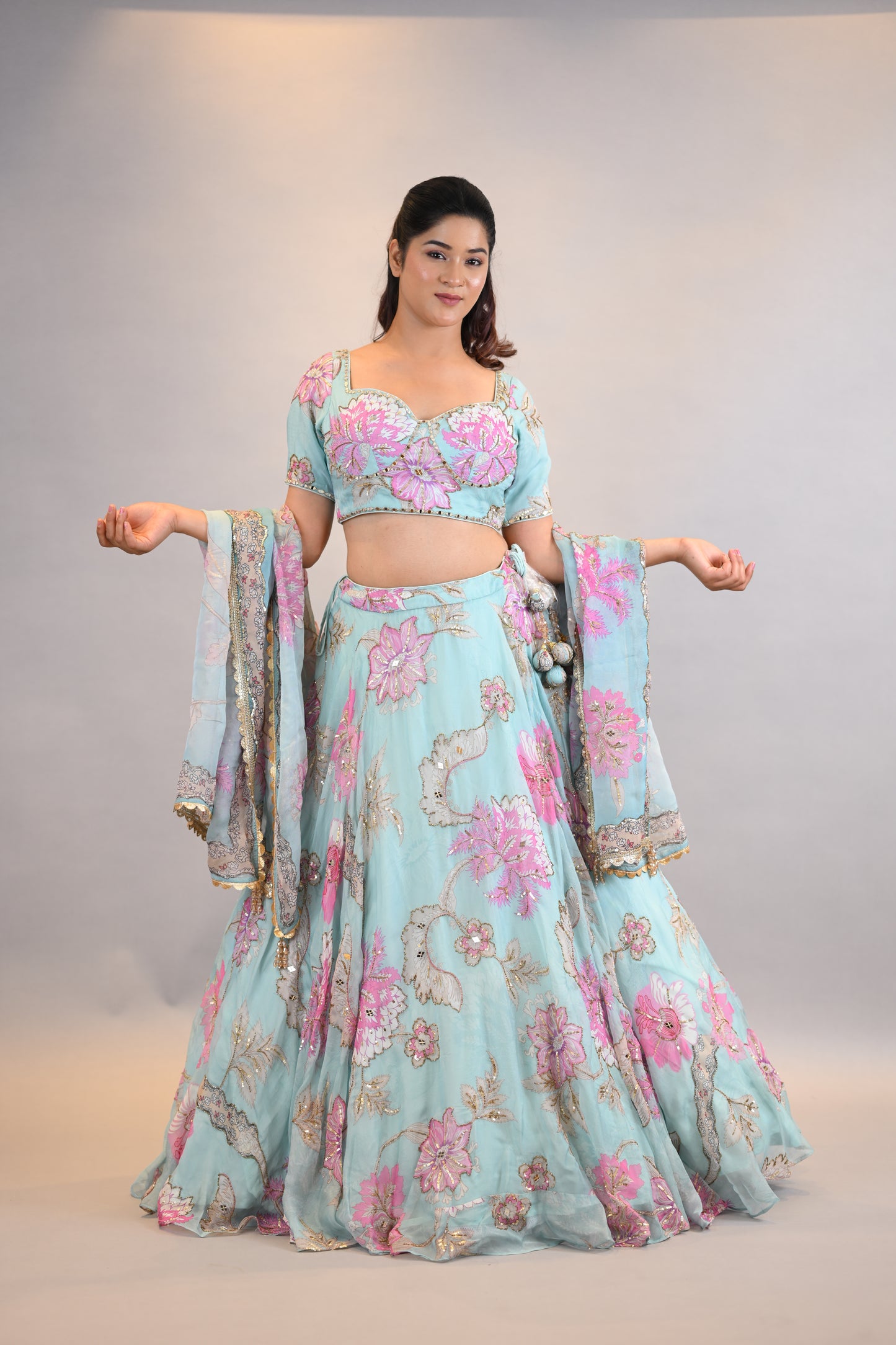 Lehenga Set: Pastel Blue Floral Embroidered Designer Ensemble with Dupatta