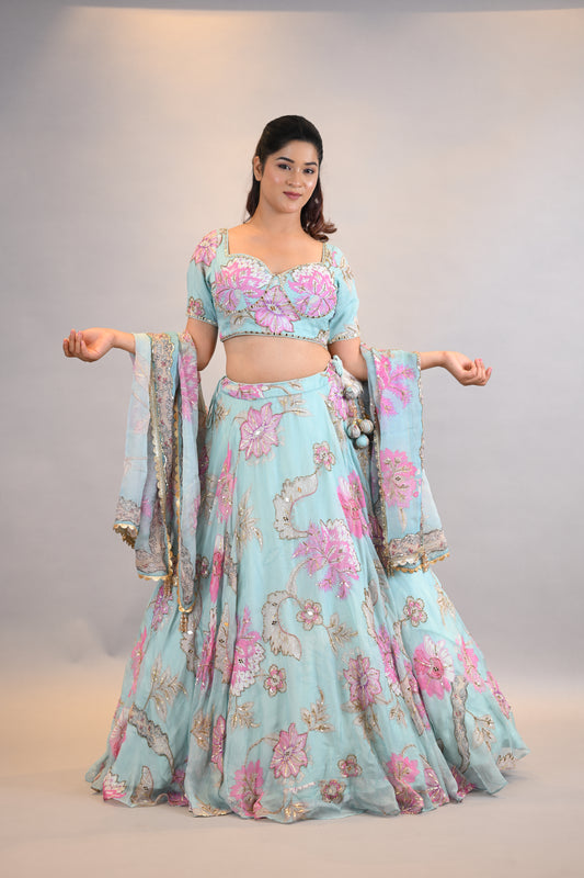 Lehenga Set: Pastel Blue Floral Embroidered Designer Ensemble with Dupatta