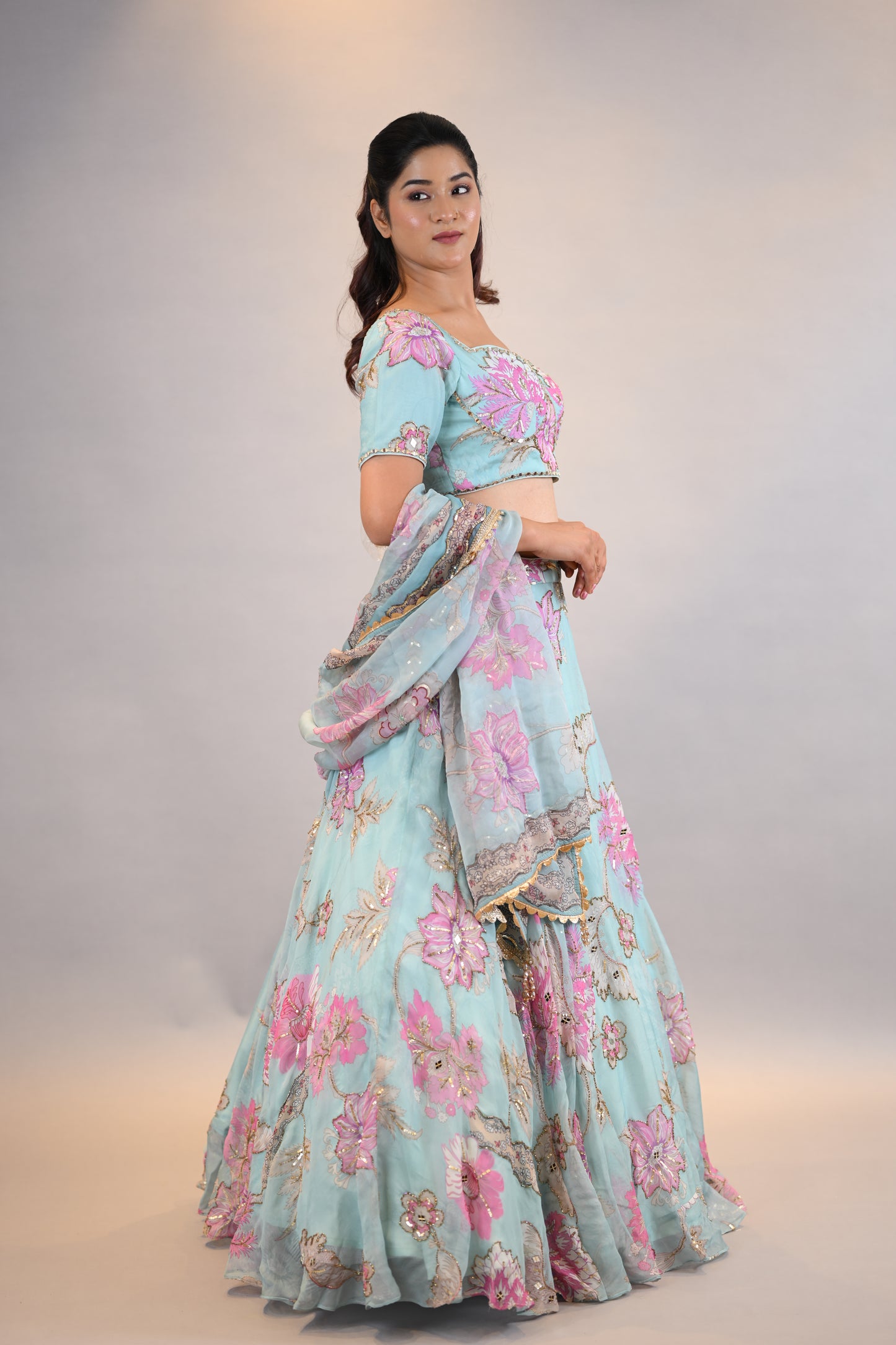 Lehenga Set: Pastel Blue Floral Embroidered Designer Ensemble with Dupatta