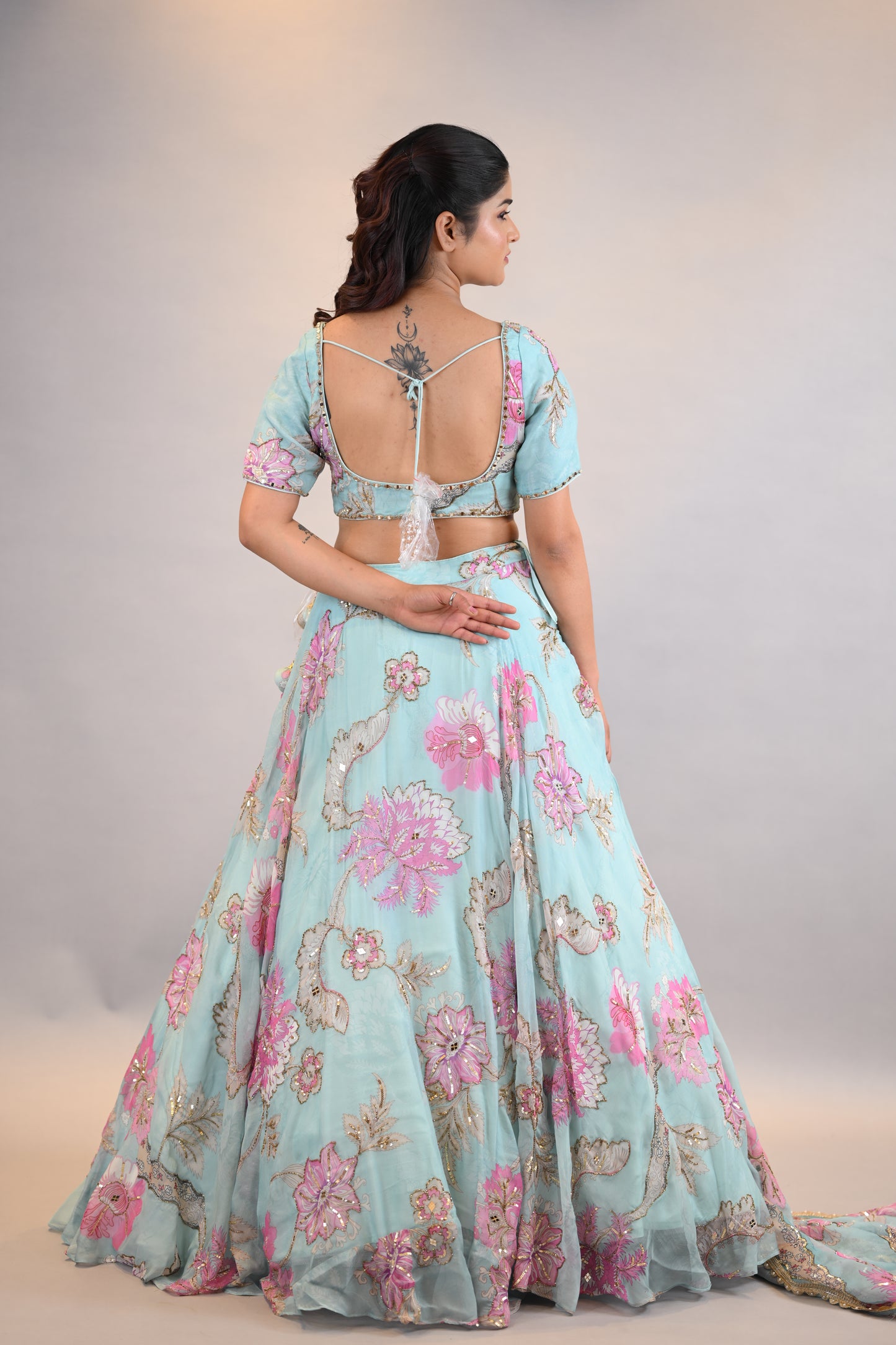 Lehenga Set: Pastel Blue Floral Embroidered Designer Ensemble with Dupatta