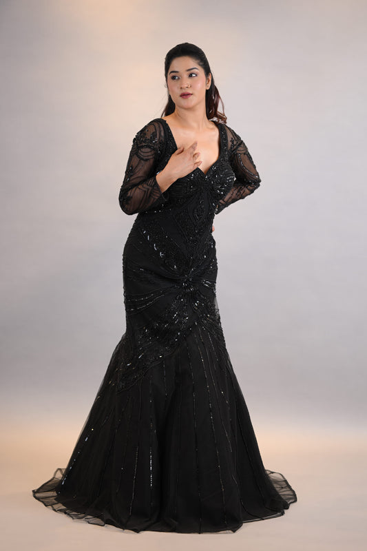 Black Gown: Black Embellished Mermaid Fit Designer Dress