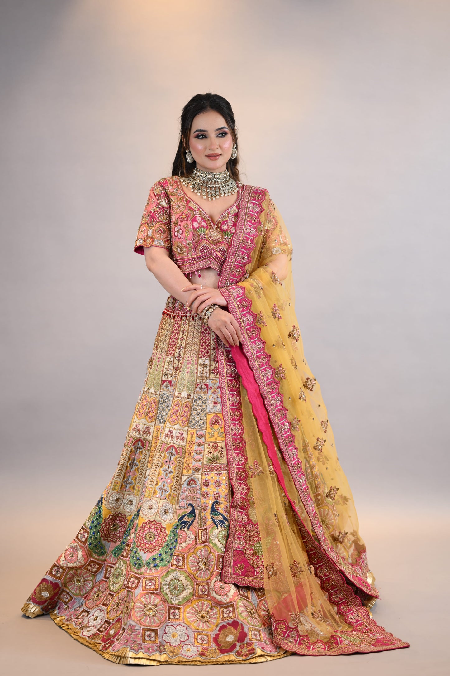 Lehenga Set: Multicolor Embroidered Bridal Designer Ensemble with Dupatta