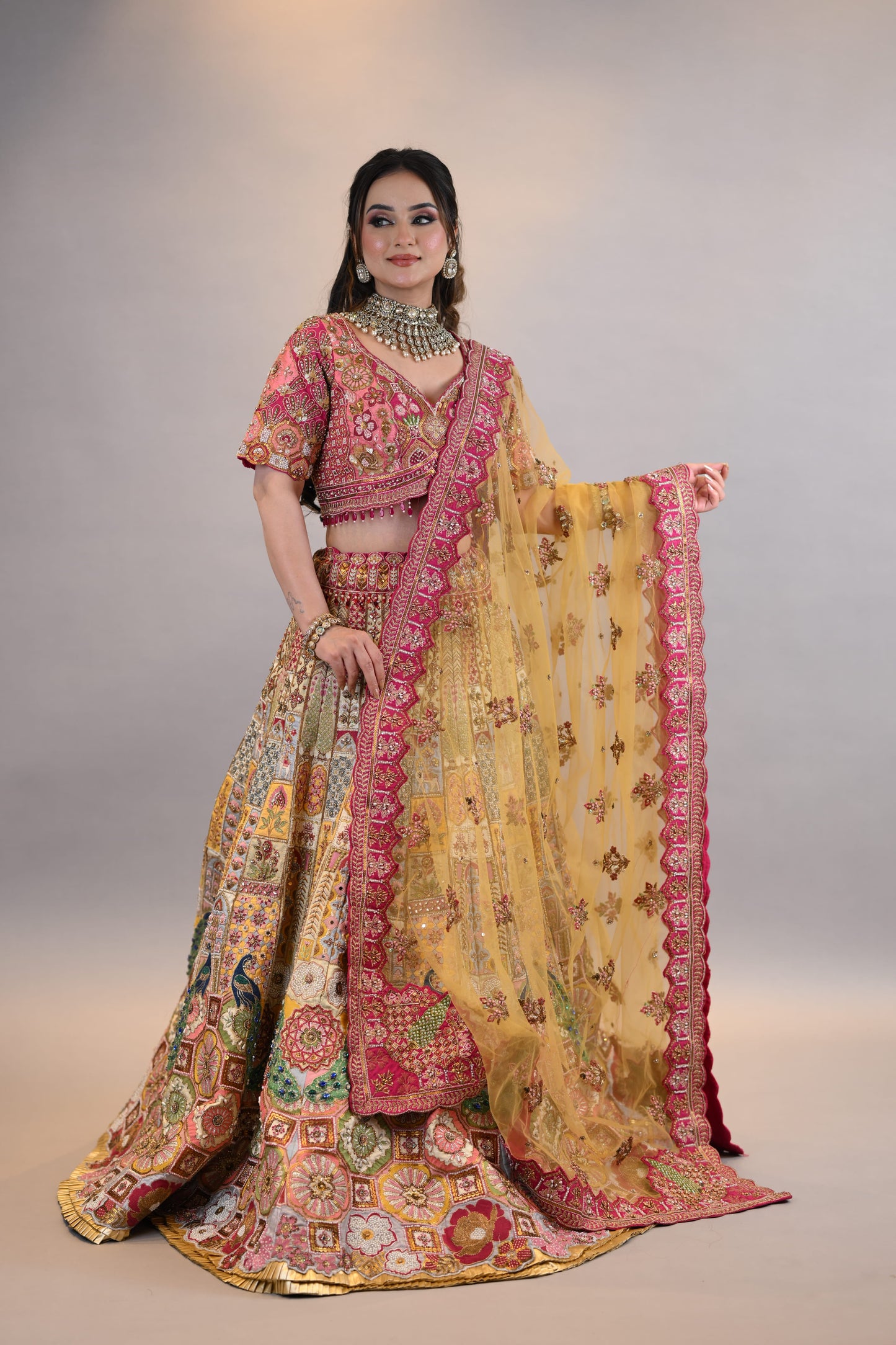 Lehenga Set: Multicolor Embroidered Bridal Designer Ensemble with Dupatta