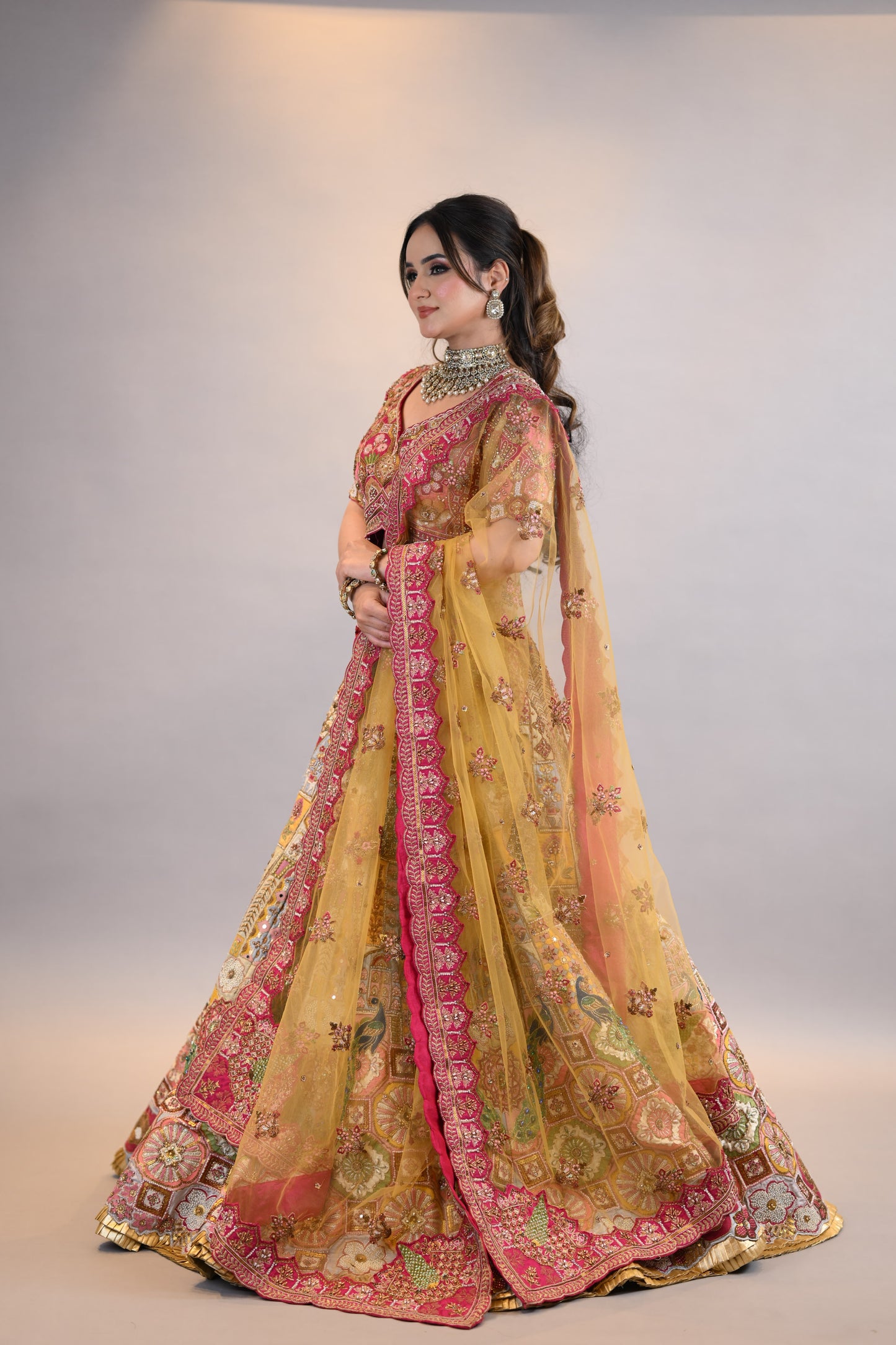 Lehenga Set: Multicolor Embroidered Bridal Designer Ensemble with Dupatta