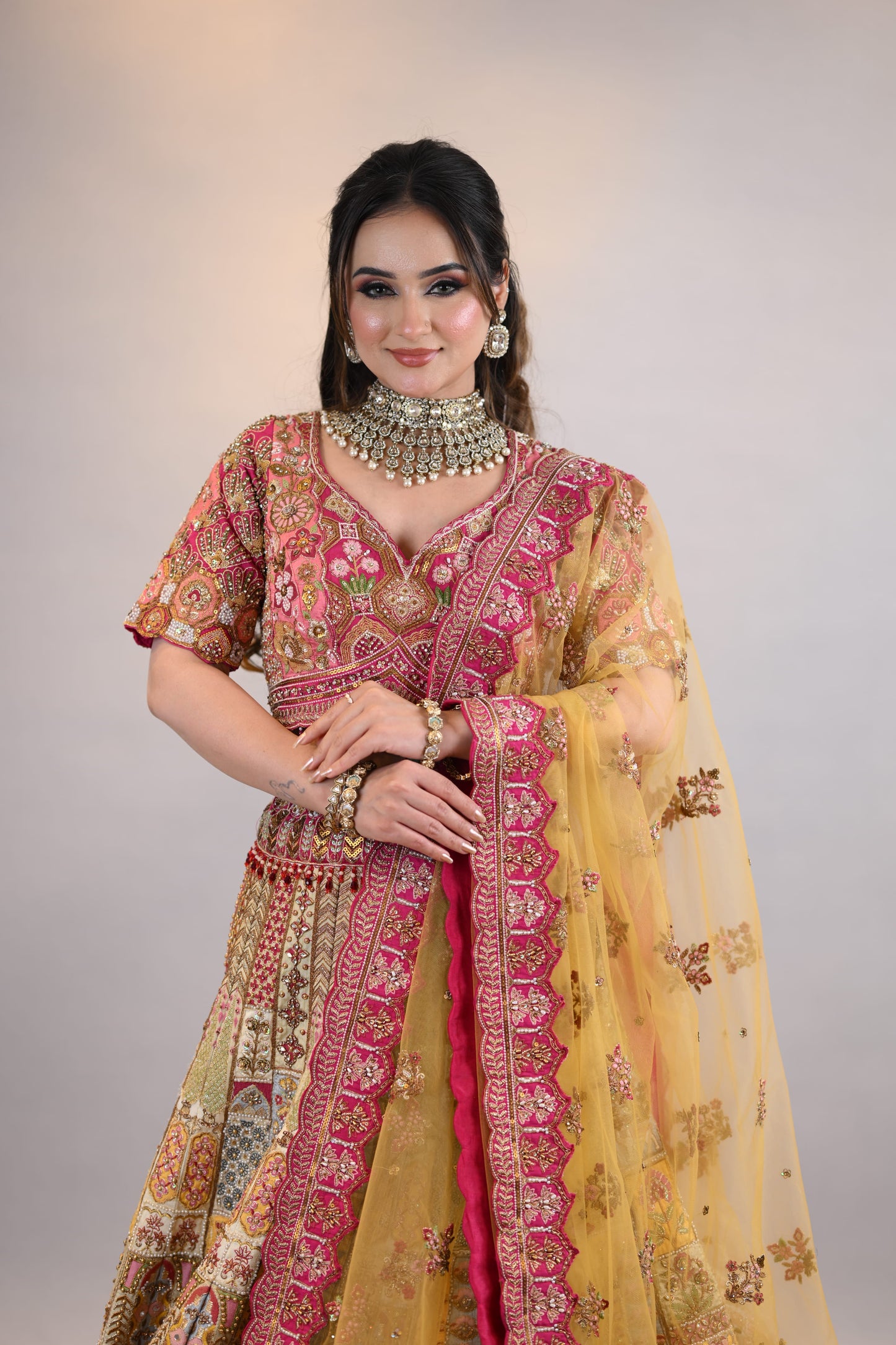 Lehenga Set: Multicolor Embroidered Bridal Designer Ensemble with Dupatta