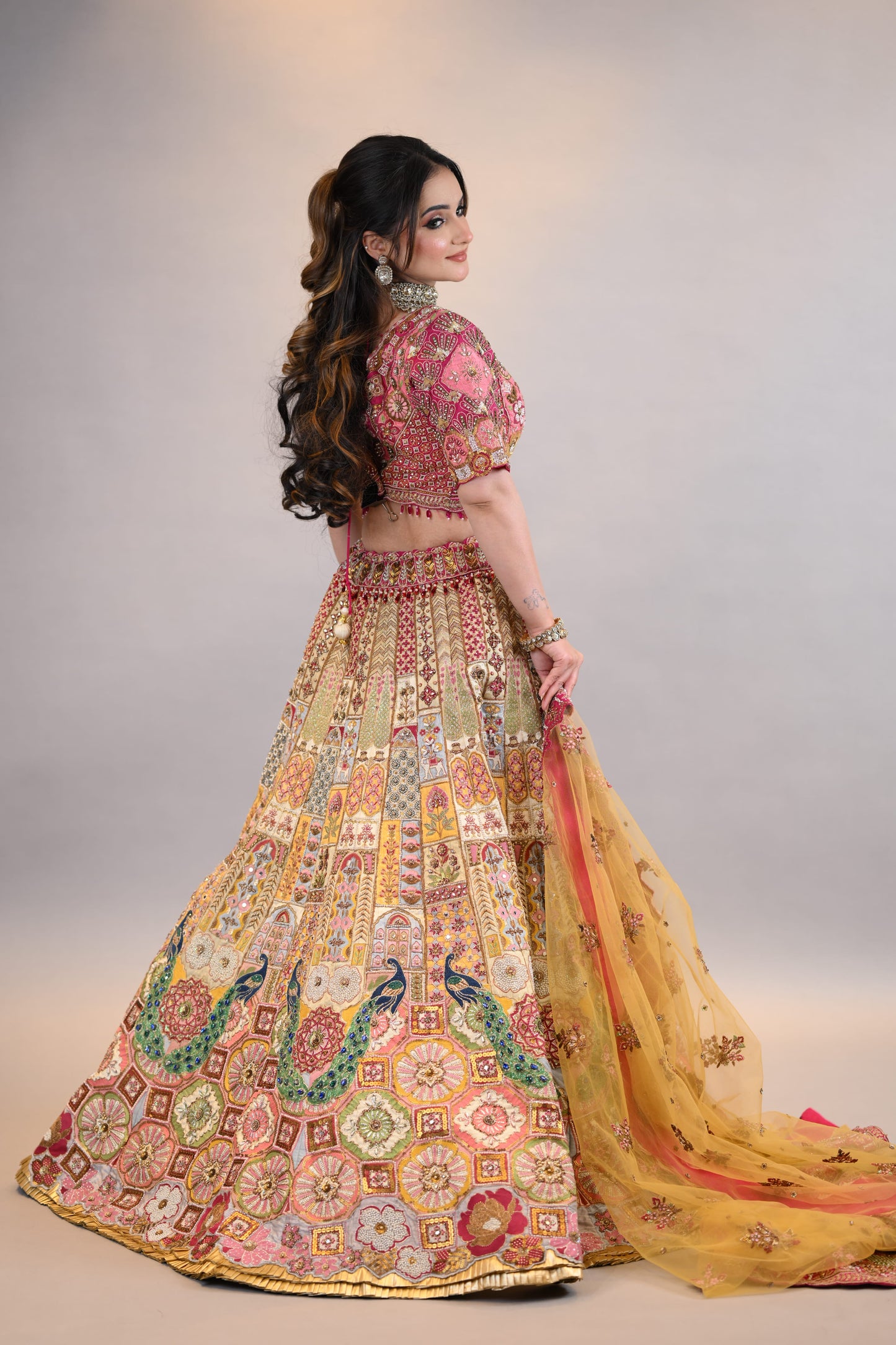 Lehenga Set: Multicolor Embroidered Bridal Designer Ensemble with Dupatta