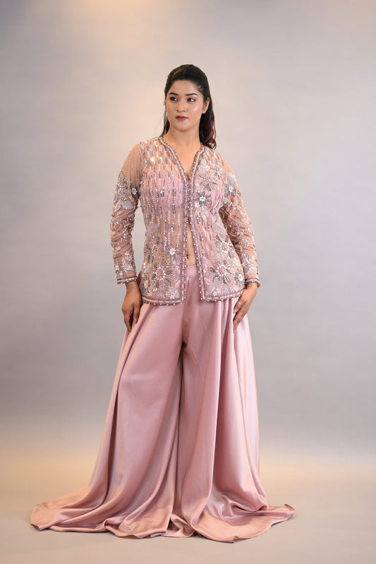 Co-ord Set: Blush Pink Embroidered Jacket with Satin Palazzo Pants