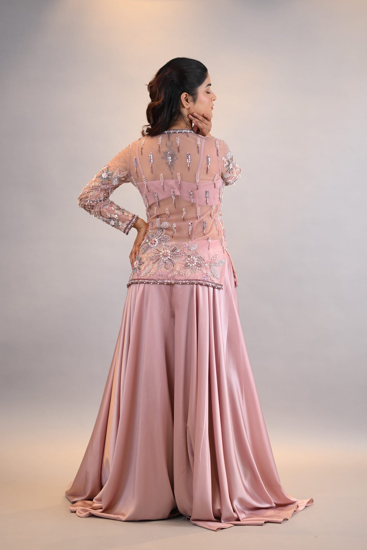 Co-ord Set: Blush Pink Embroidered Jacket with Satin Palazzo Pants