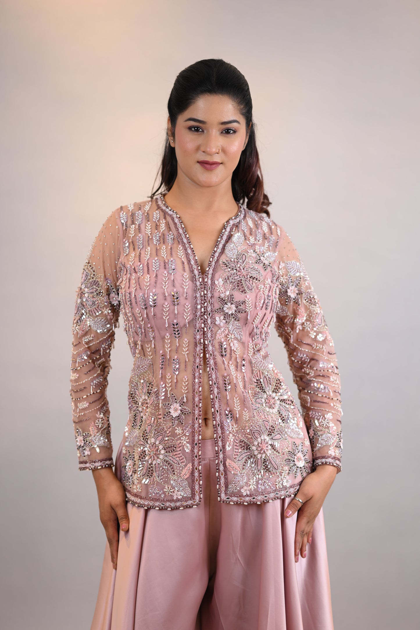Co-ord Set: Blush Pink Embroidered Jacket with Satin Palazzo Pants